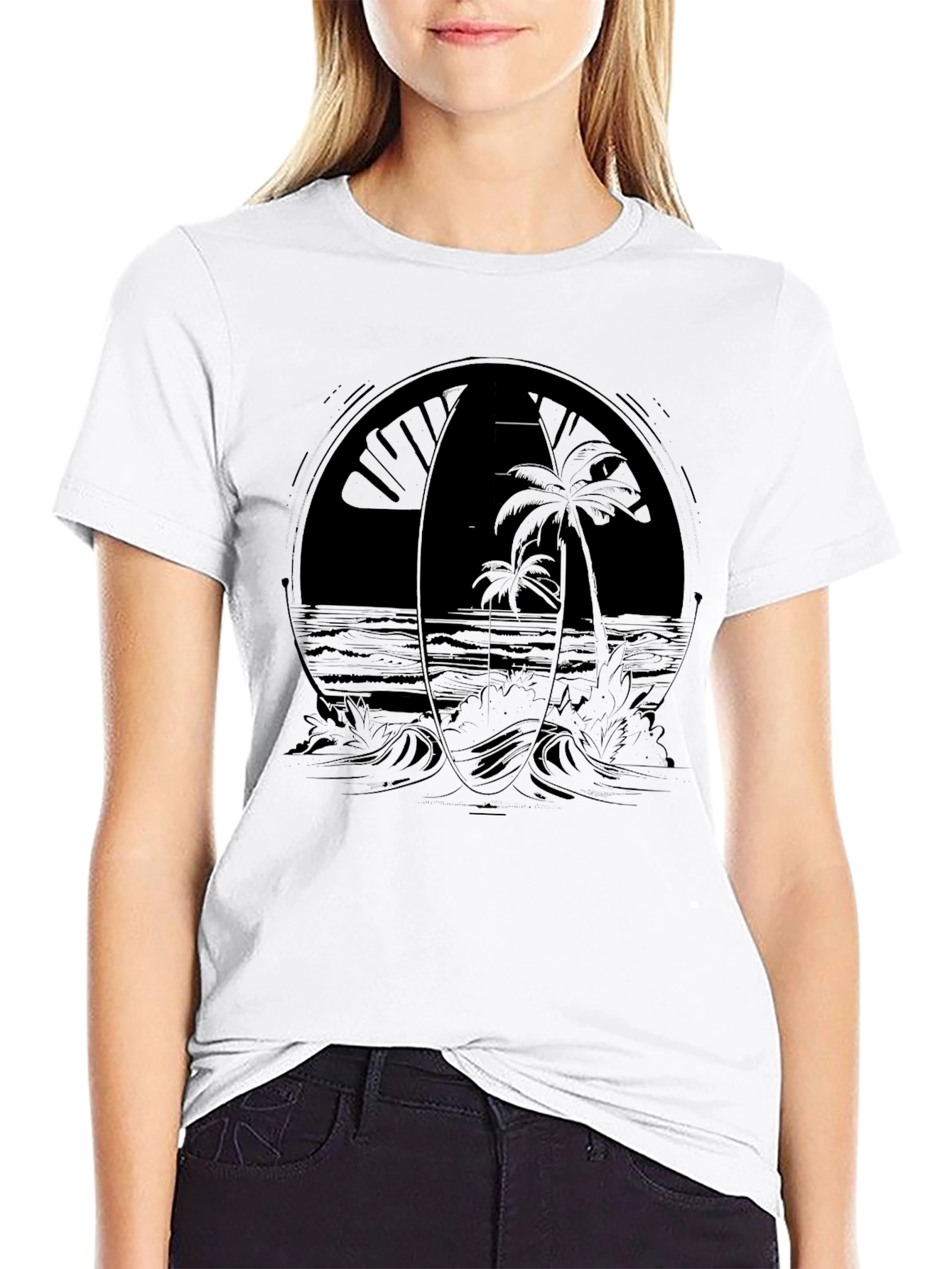 Black Surfboard & Palm Tree Graphic Tee