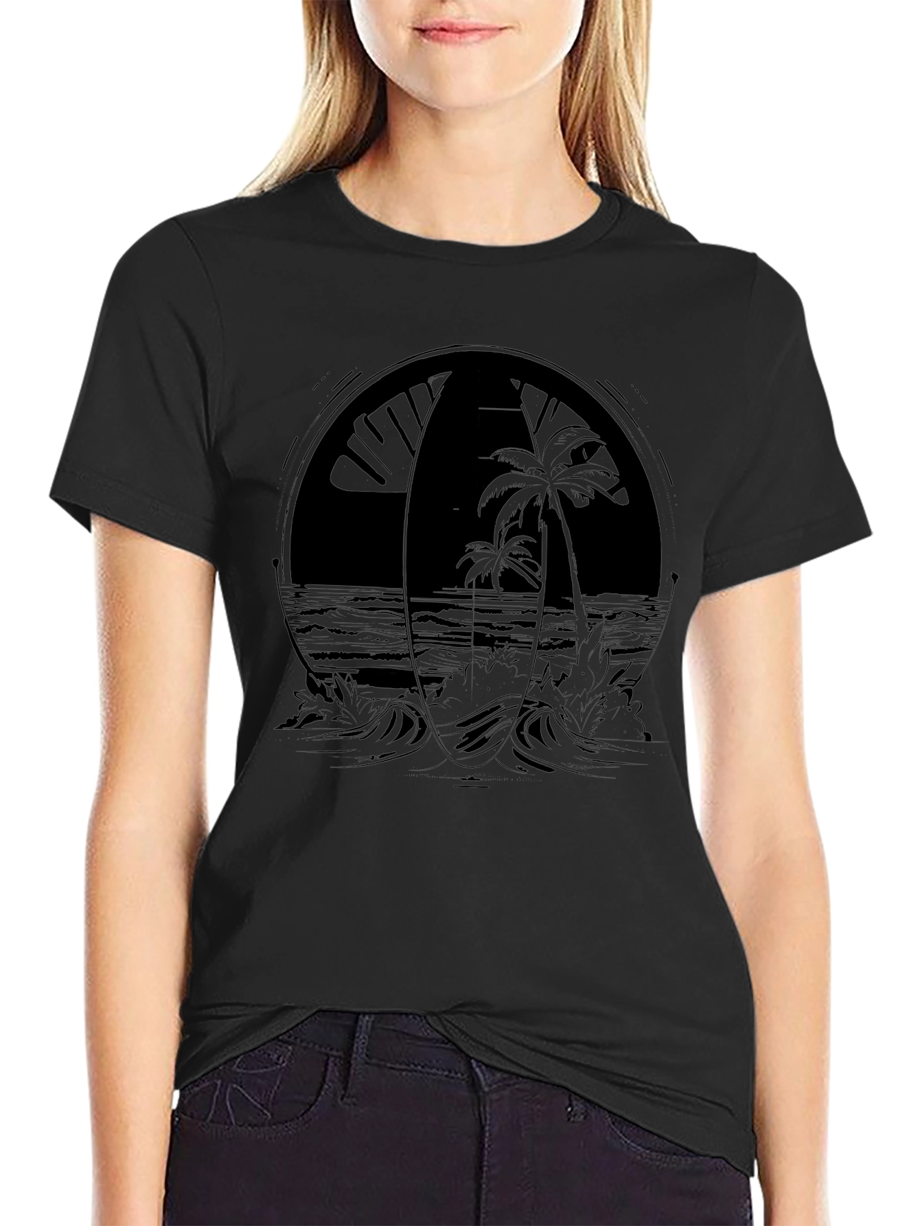 Black Surfboard & Palm Tree Graphic Tee