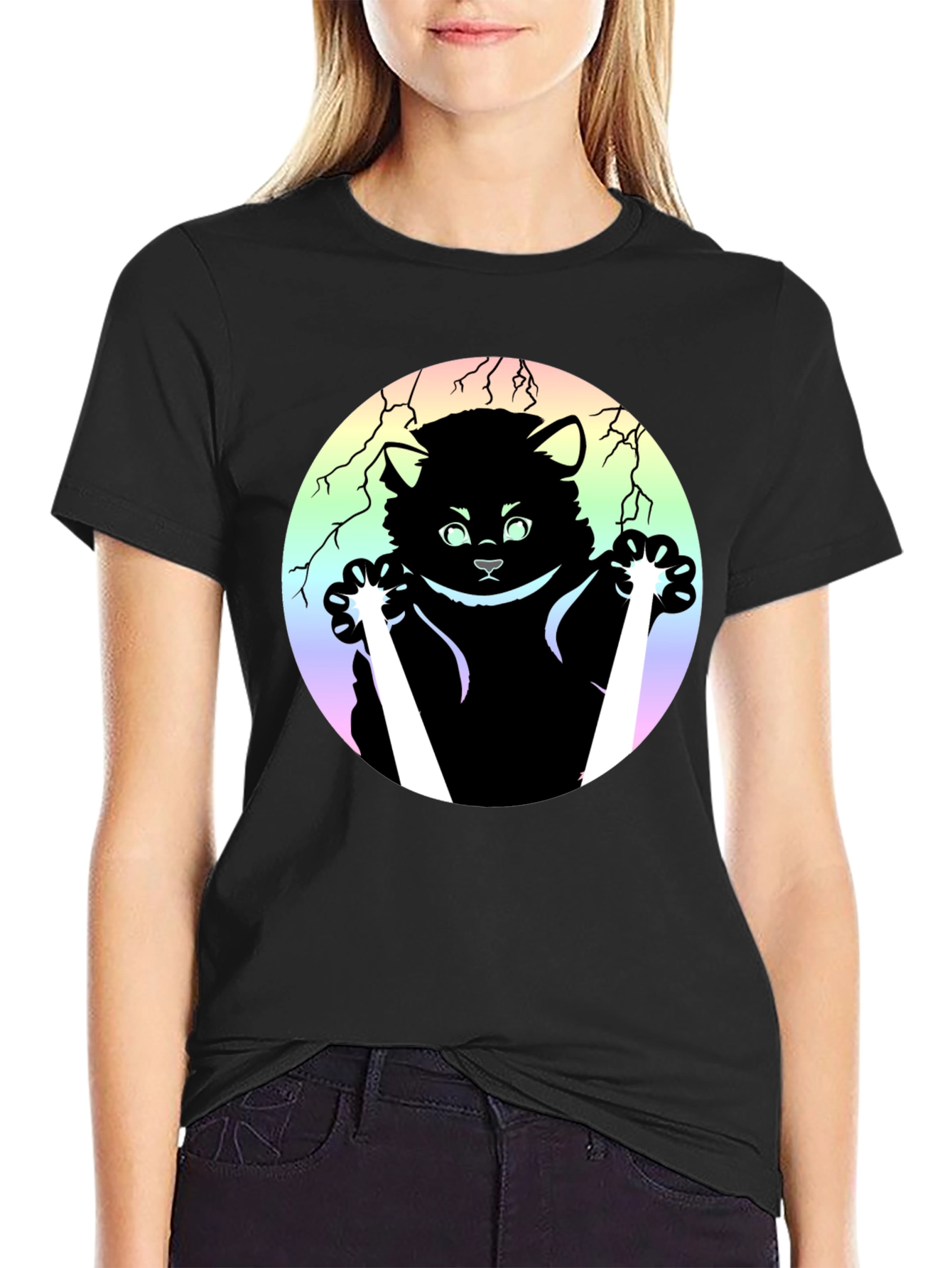 Kawaii Cat & Dagger Graphic Tee - Black