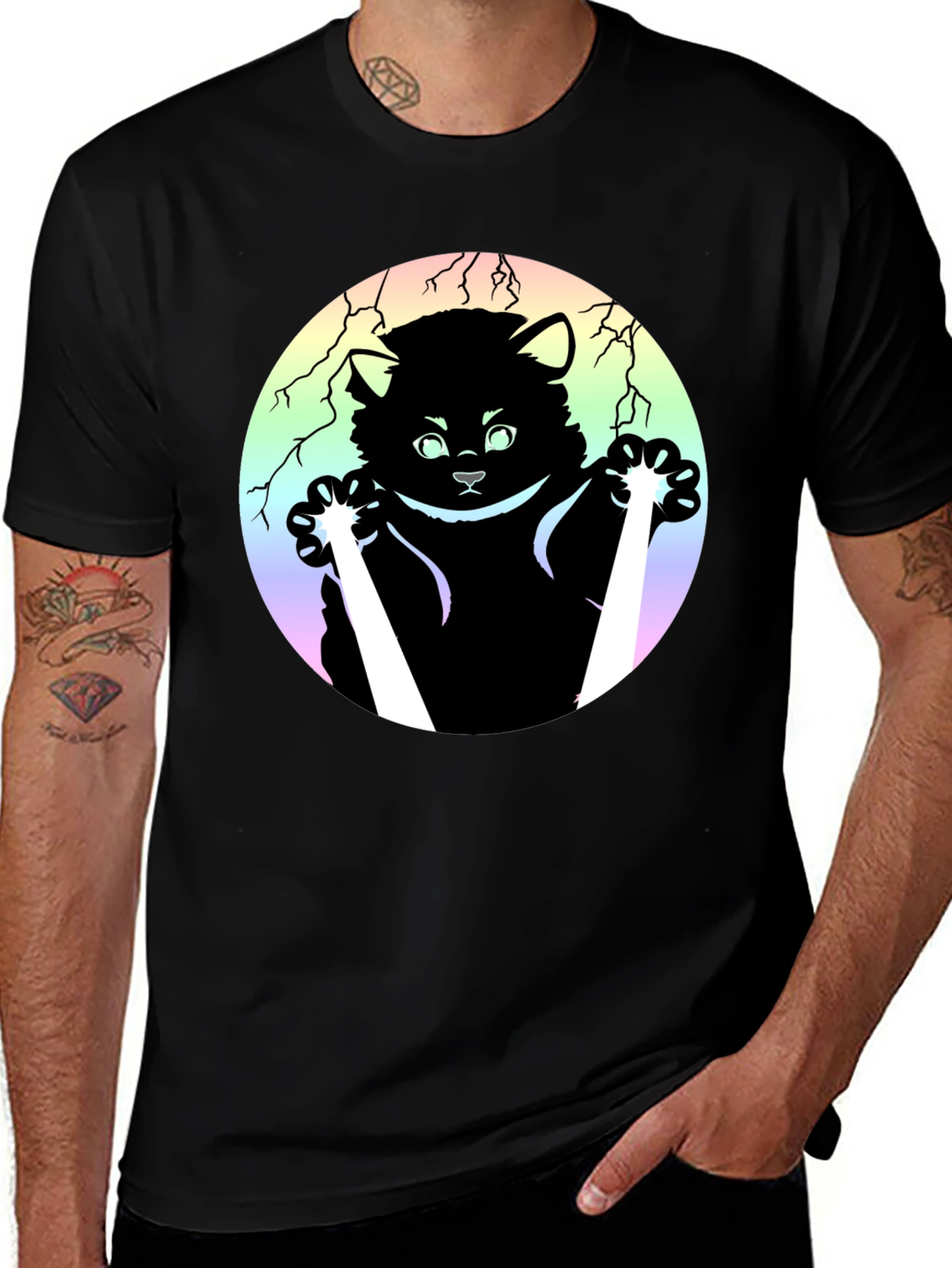 Kawaii Cat & Dagger Graphic Tee - Black