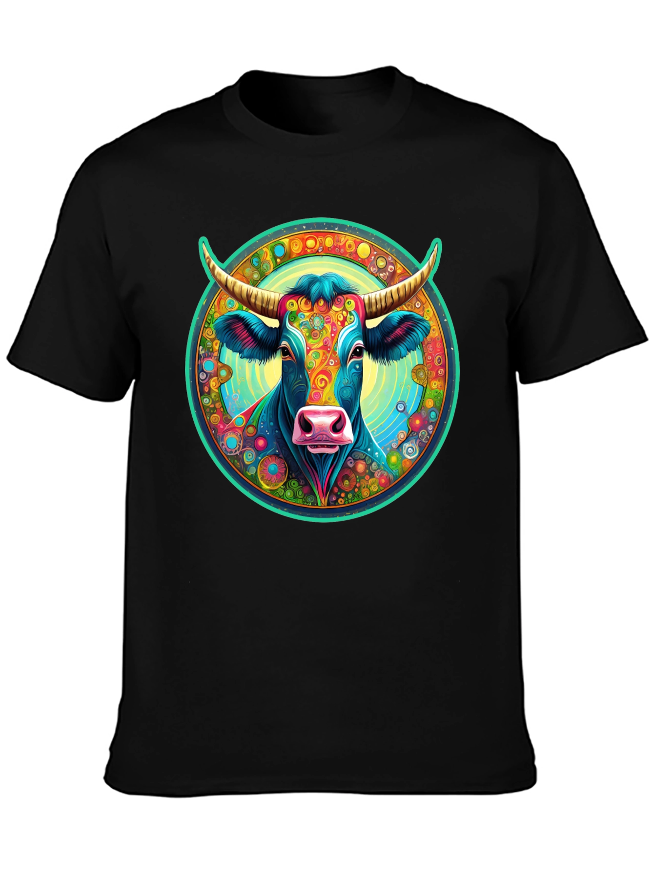 Psychedelic Cow Graphic Tee - Black Cotton Blend