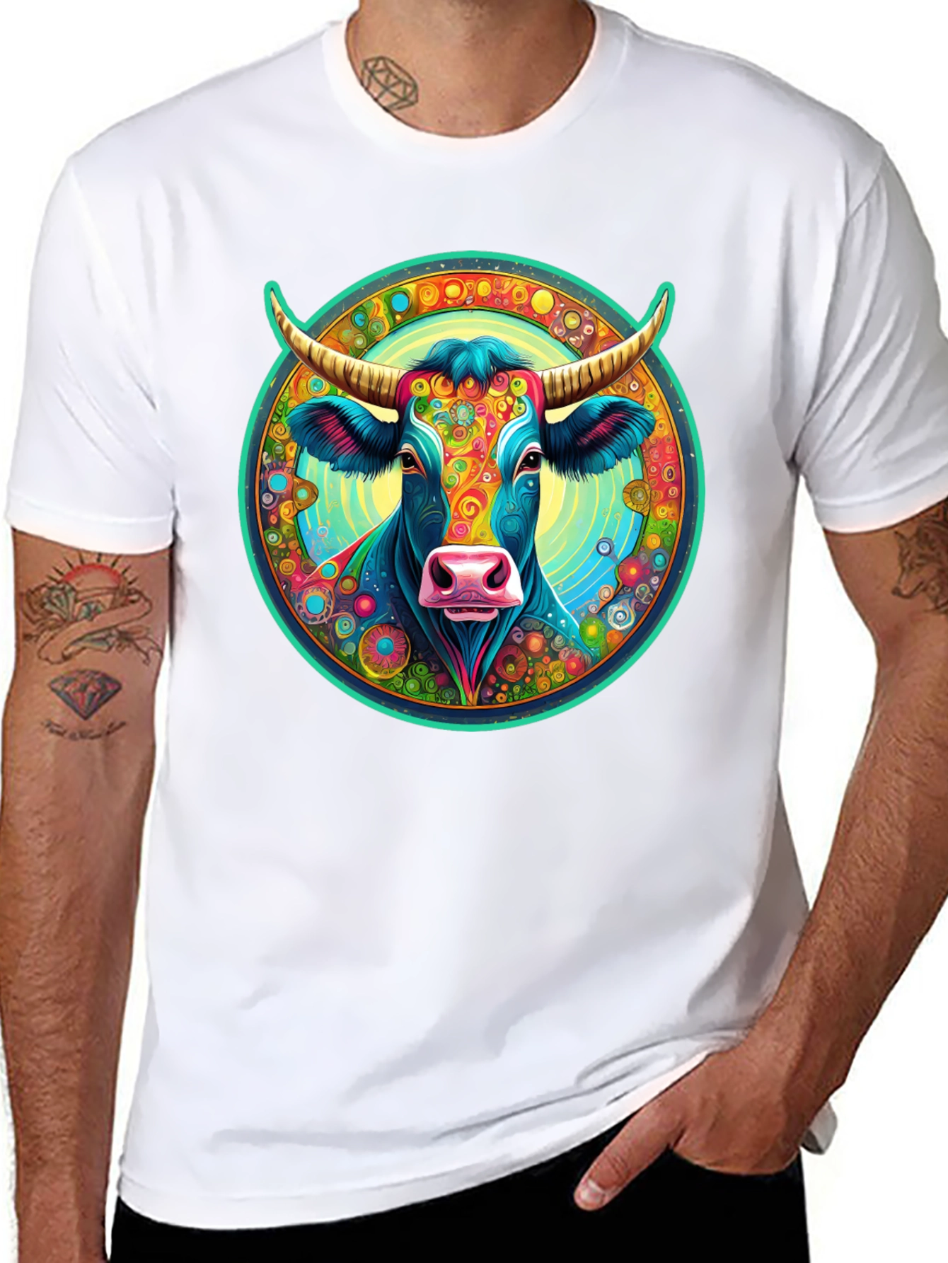 Psychedelic Cow Graphic Tee - Black Cotton Blend