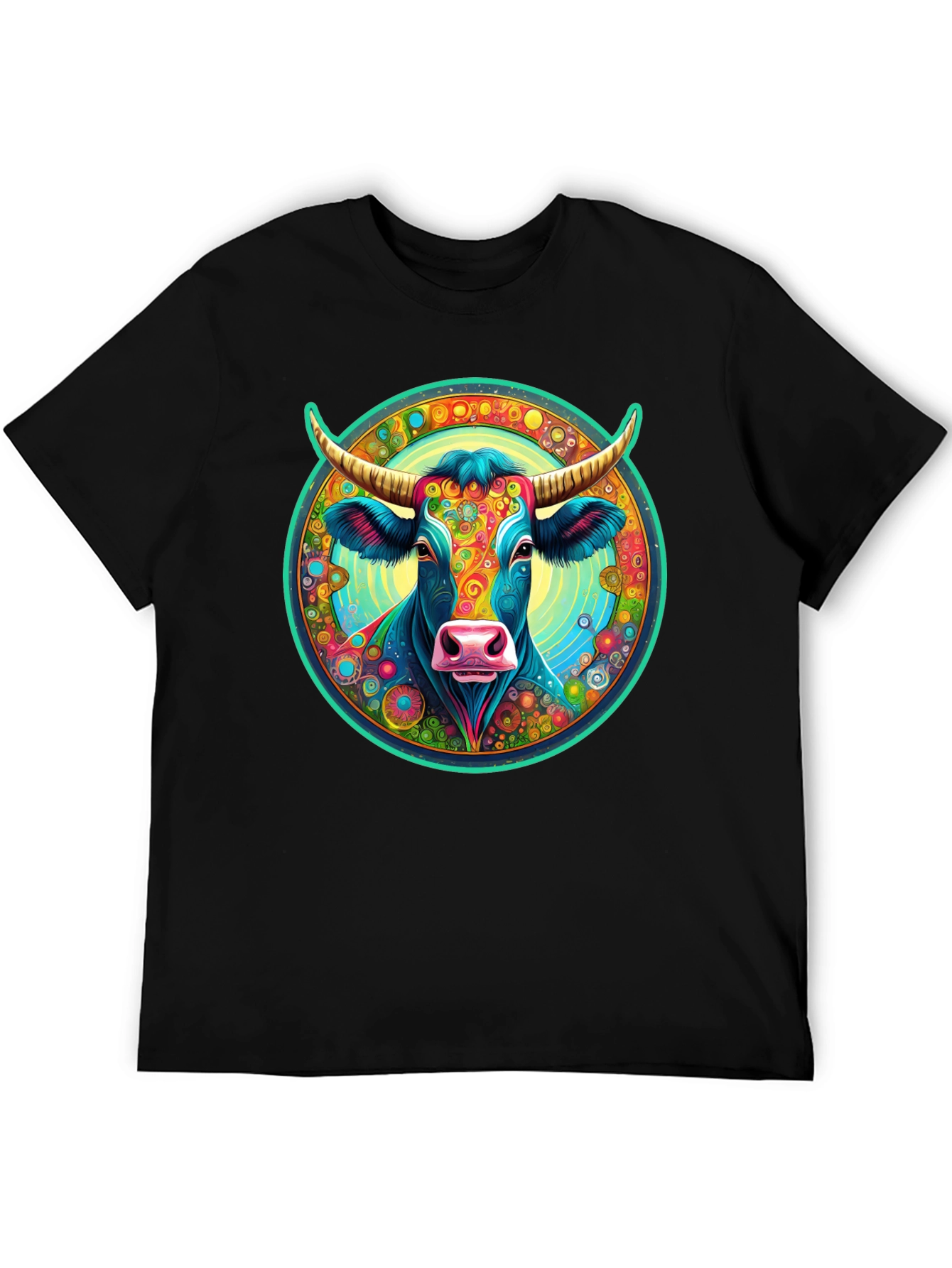 Psychedelic Cow Graphic Tee - Black Cotton Blend