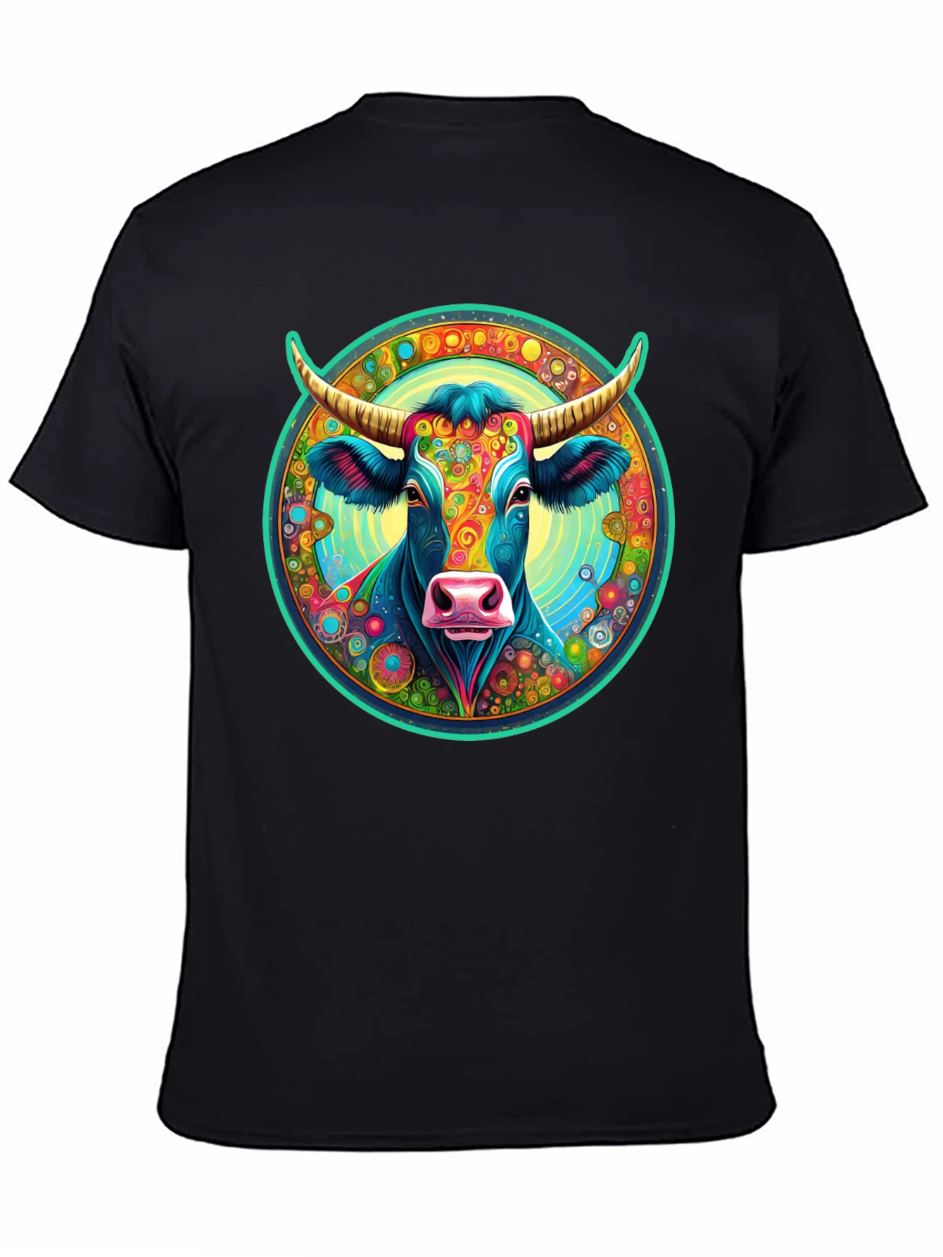 Psychedelic Cow Graphic Tee - Black Cotton Blend