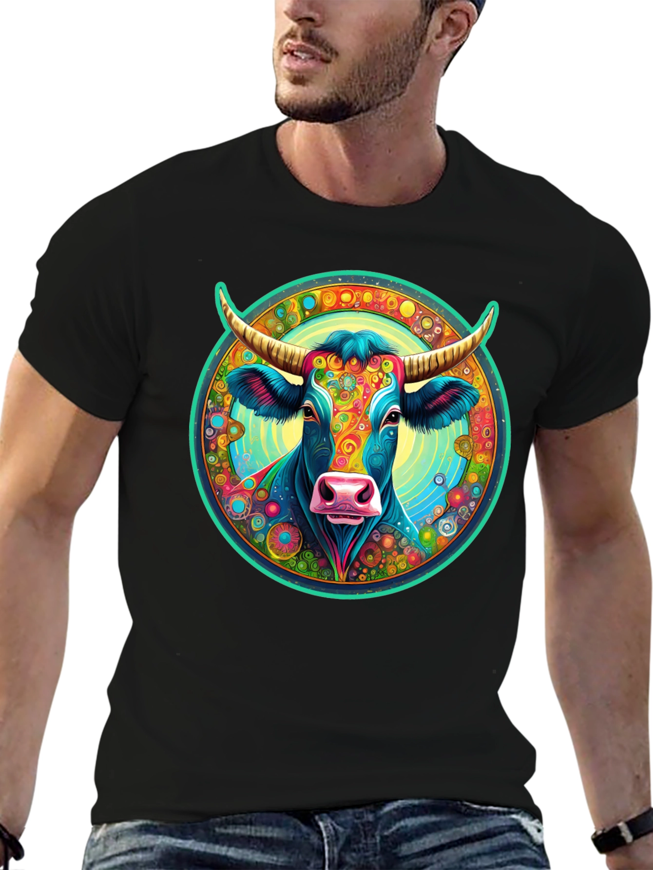 Psychedelic Cow Graphic Tee - Black Cotton Blend