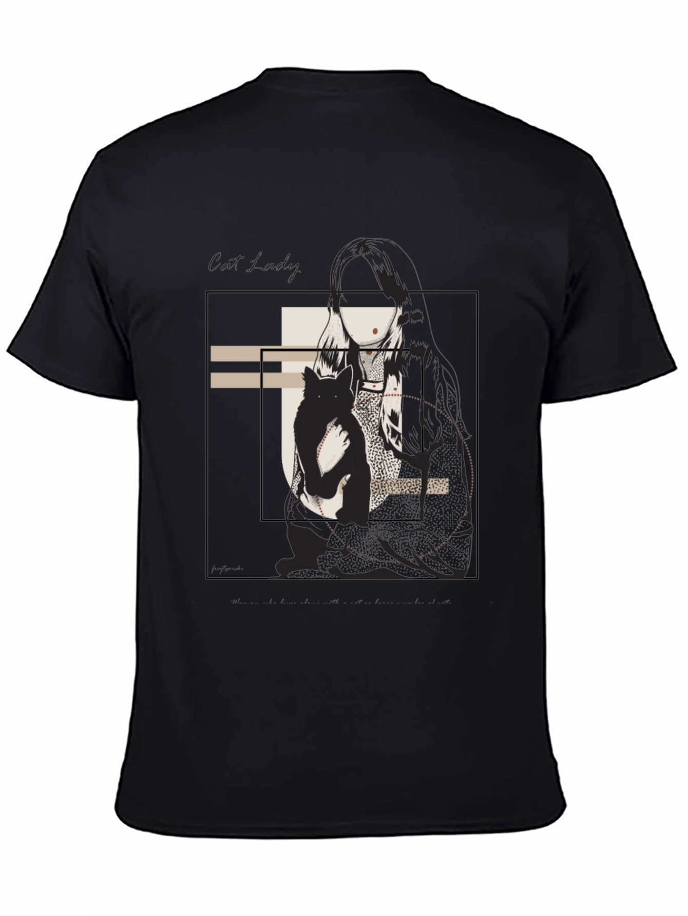 Graphic Tee: Woman & Cat Sketch Black T-Shirt