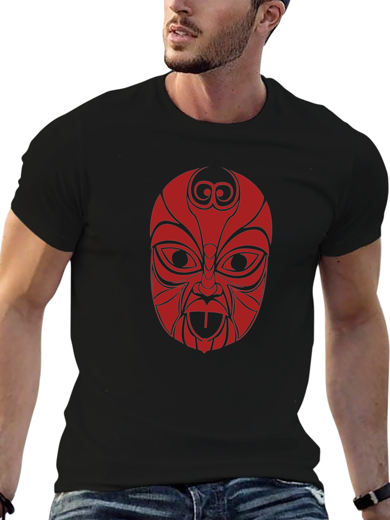 Tribal Mask Graphic Tee - Black Cotton T-Shirt
