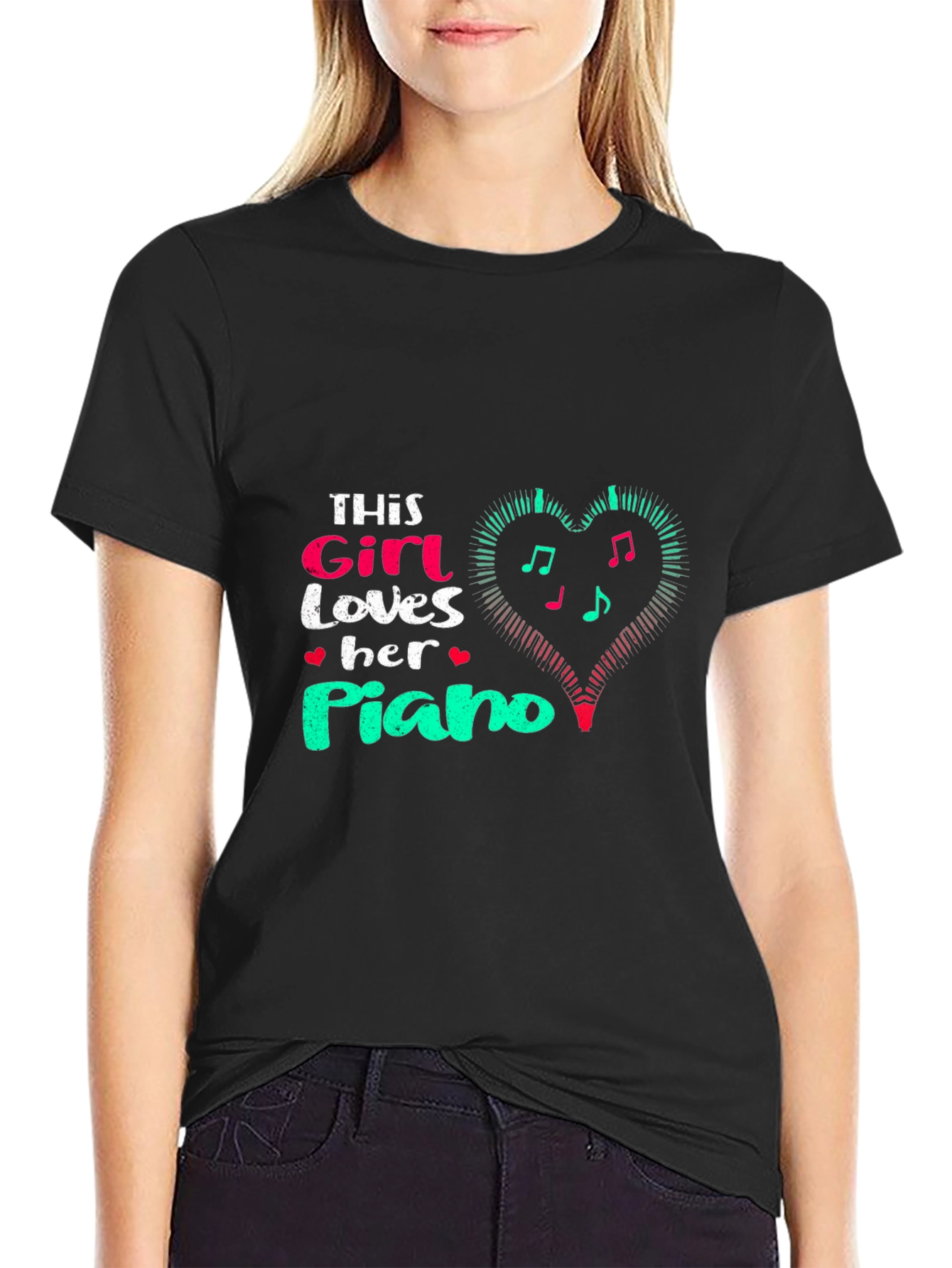 Girl Loves Piano Black T-Shirt