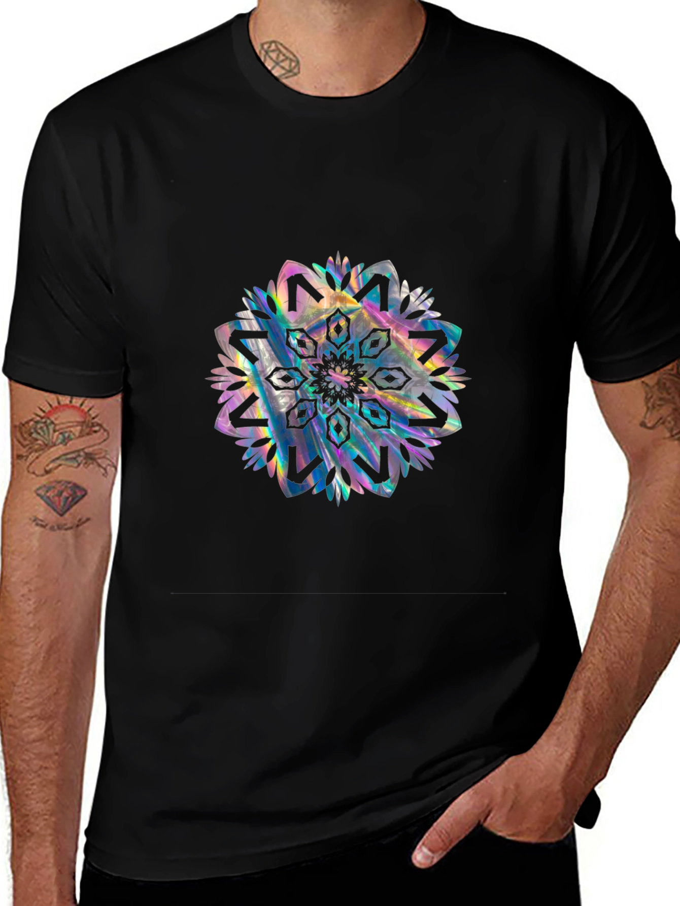 Black Tee with Holographic Mandala Design