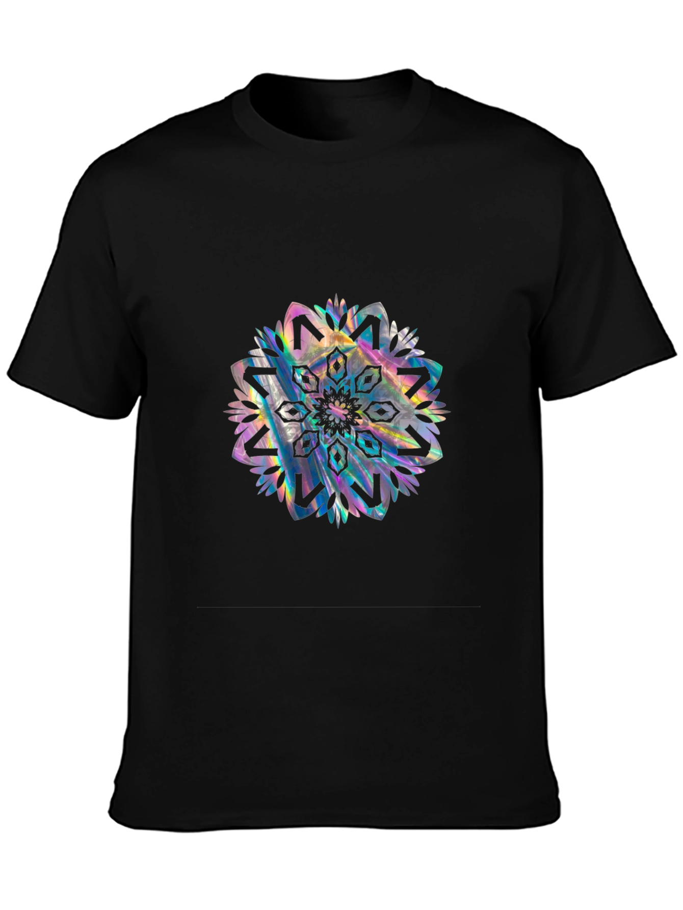 Black Tee with Holographic Mandala Design