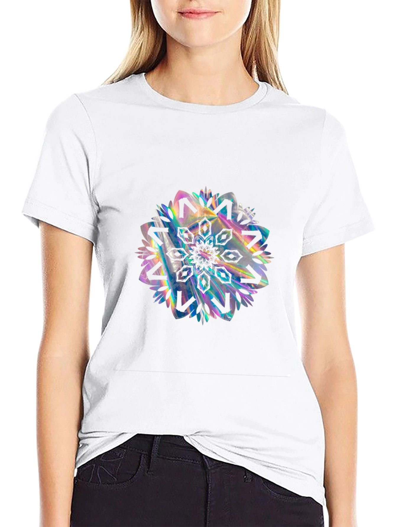 Black Tee with Holographic Mandala Design