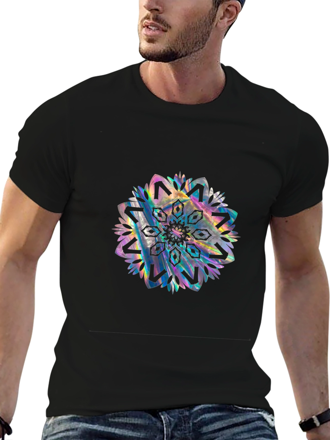 Black Tee with Holographic Mandala Design