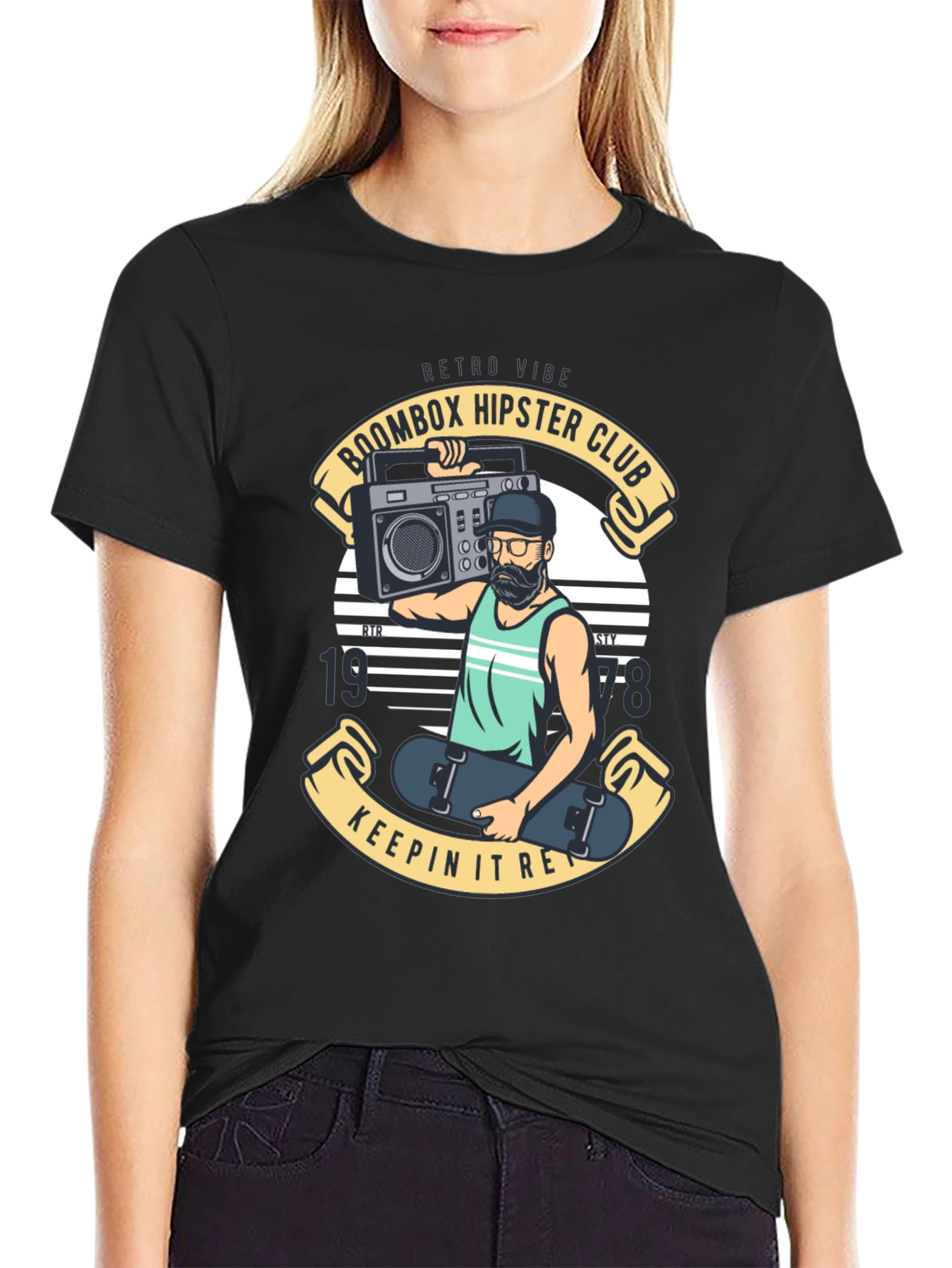 Retro Boombox Hipster Club Black T-Shirt