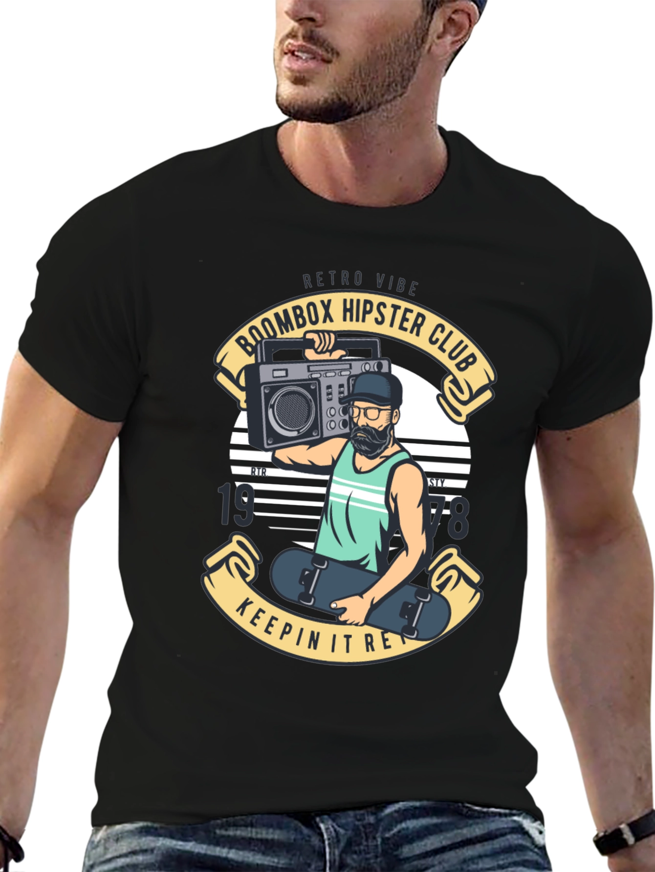 Retro Boombox Hipster Club Black T-Shirt