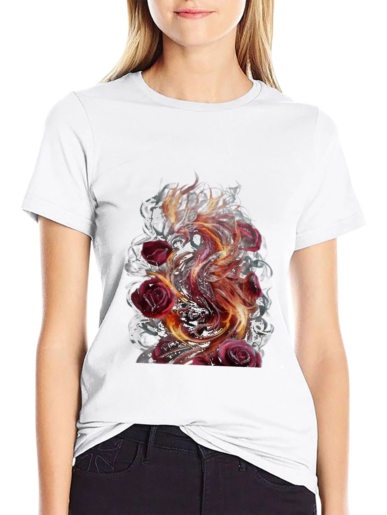 Fiery Phoenix & Roses Graphic T-Shirt