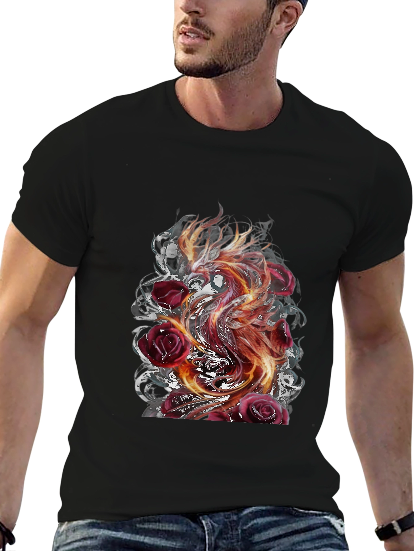 Fiery Phoenix & Roses Graphic T-Shirt