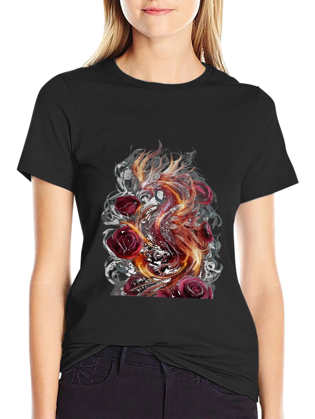 Fiery Phoenix & Roses Graphic T-Shirt