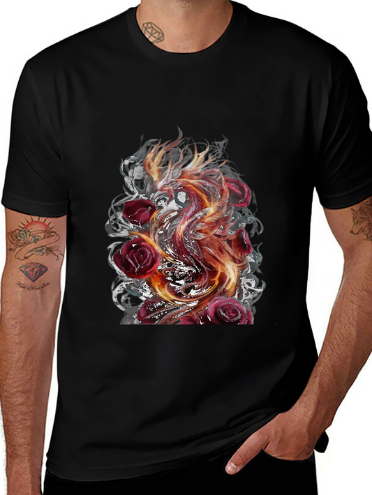 Fiery Phoenix & Roses Graphic T-Shirt