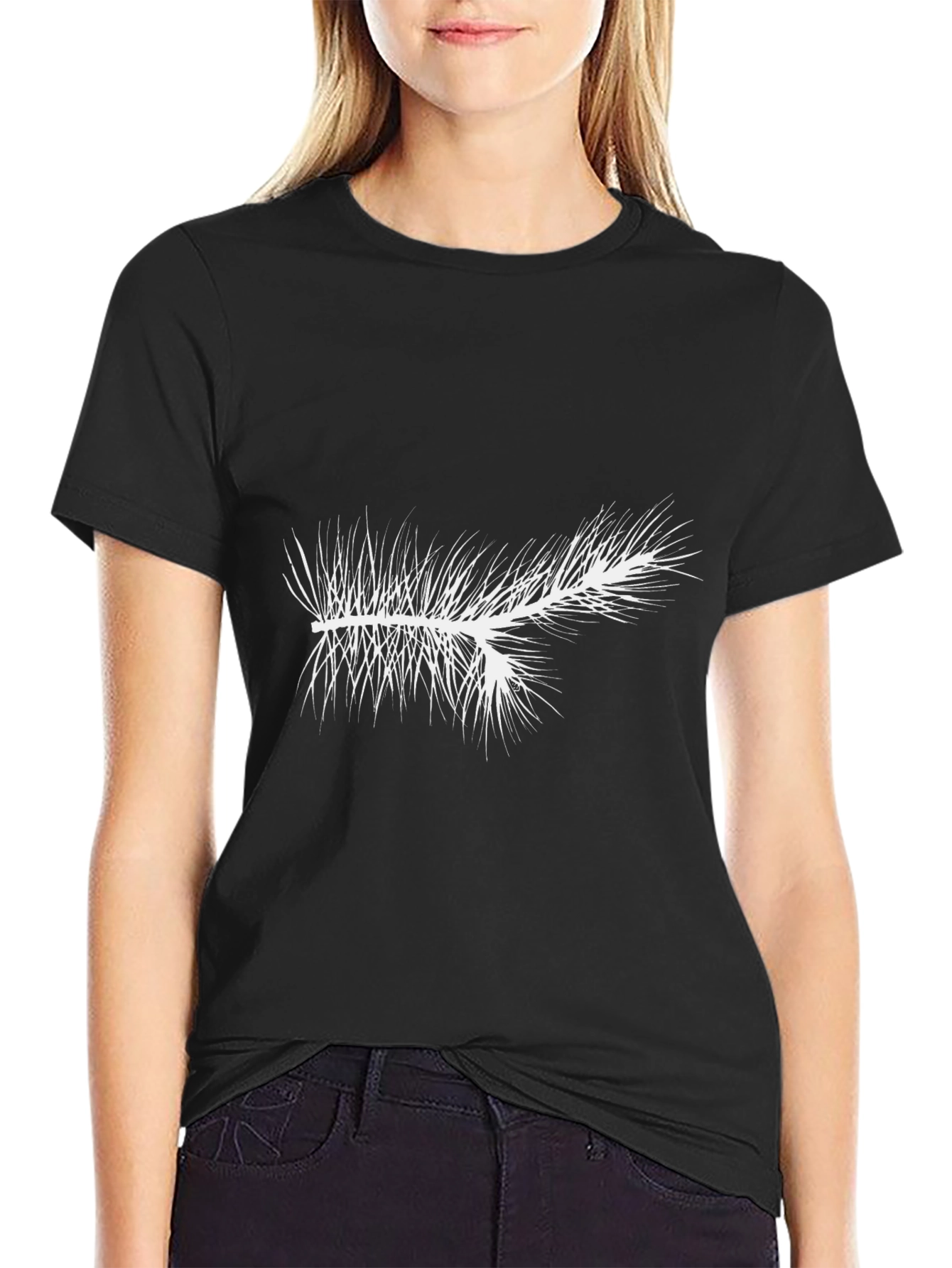 Mens Black T-Shirt with White Pine Branch Graphic