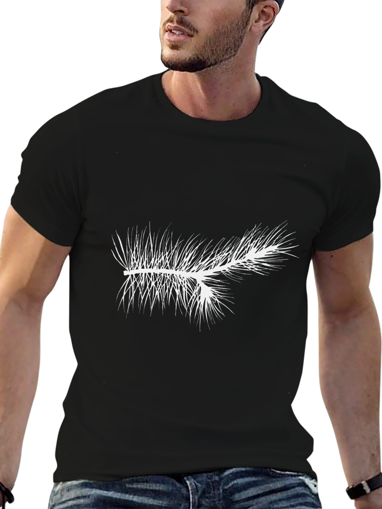 Mens Black T-Shirt with White Pine Branch Graphic