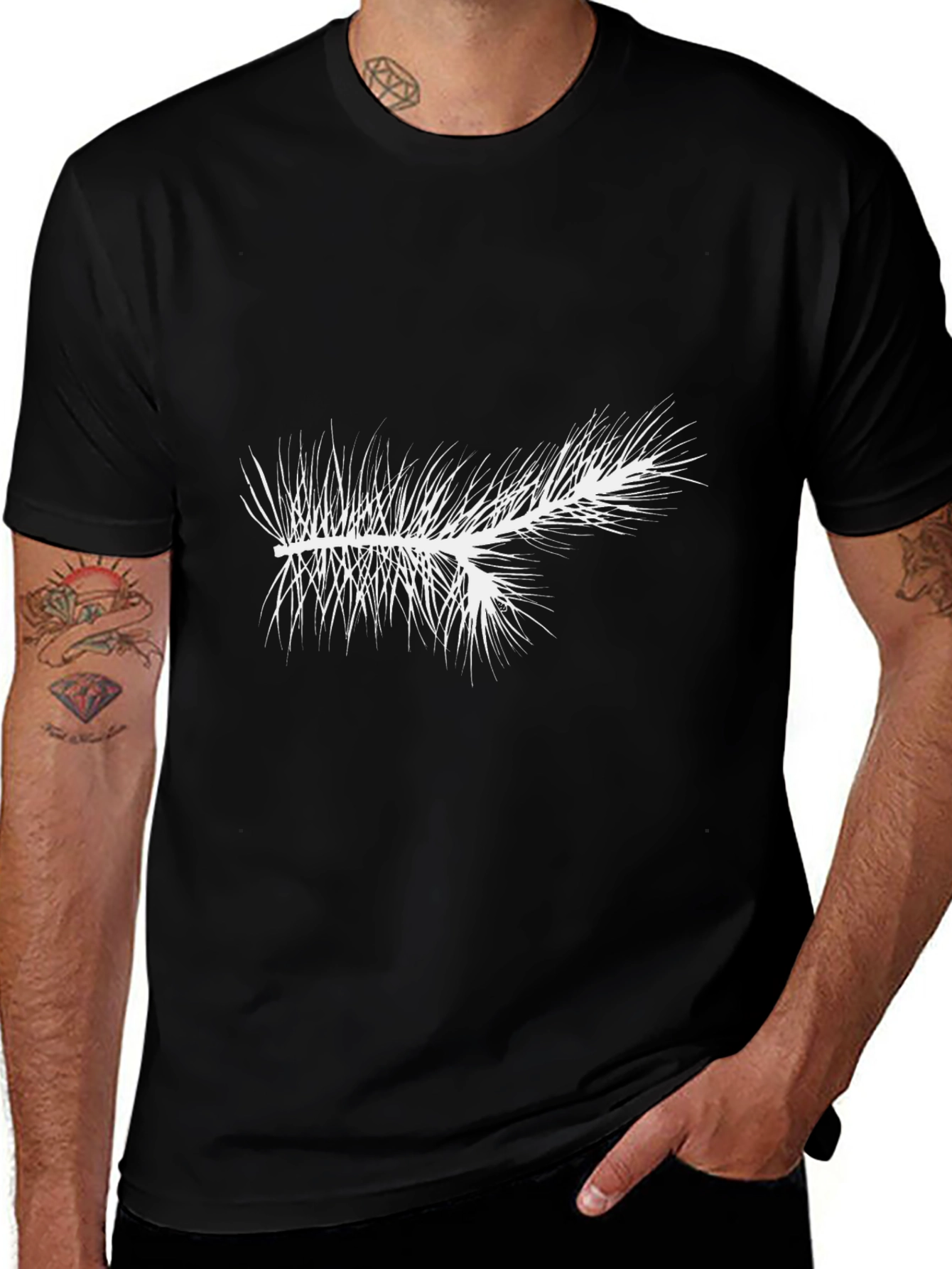 Mens Black T-Shirt with White Pine Branch Graphic
