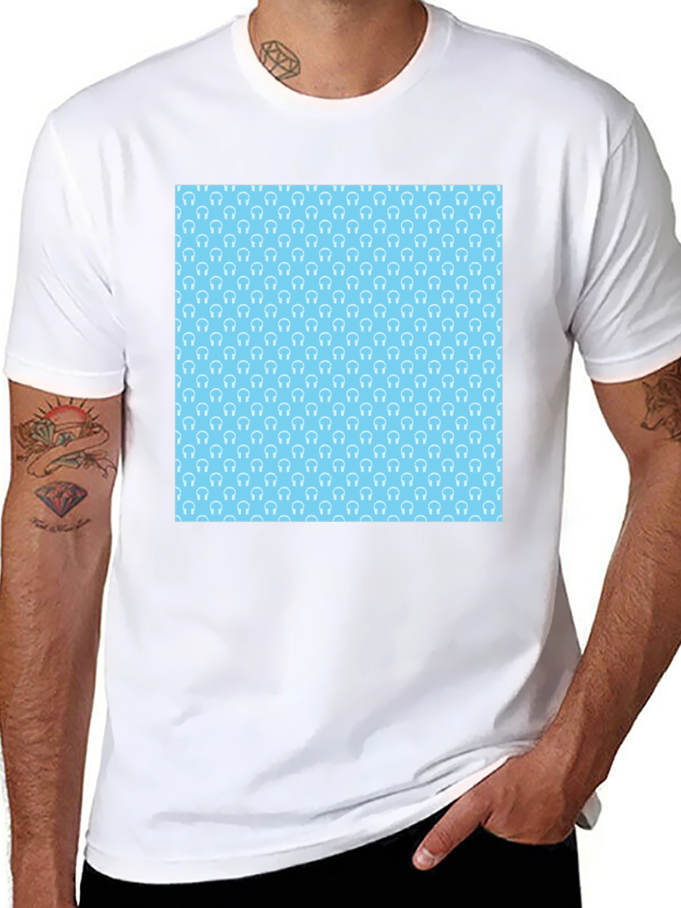 Modern Black Tee with Light Blue Headphone Pattern