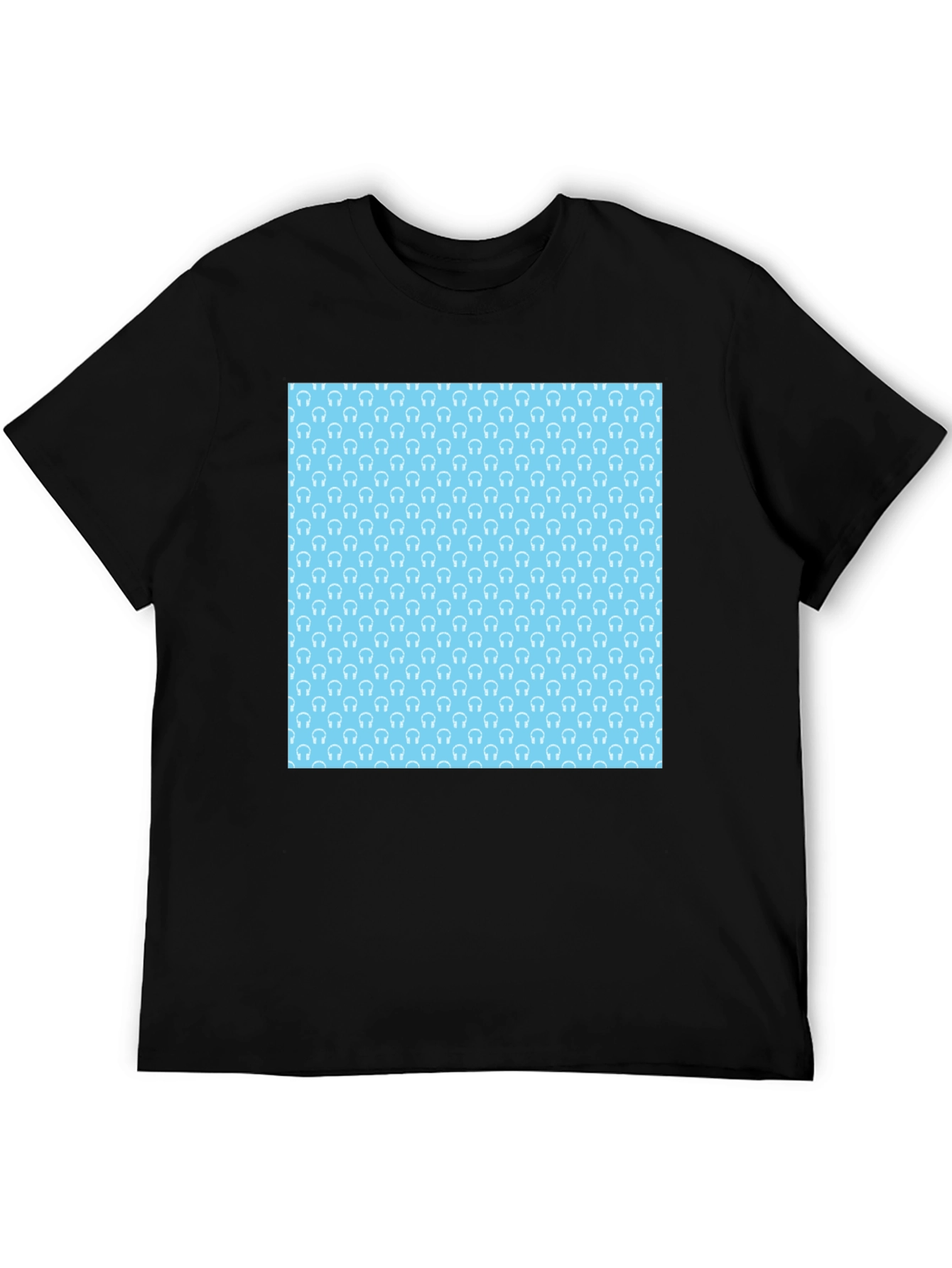 Modern Black Tee with Light Blue Headphone Pattern