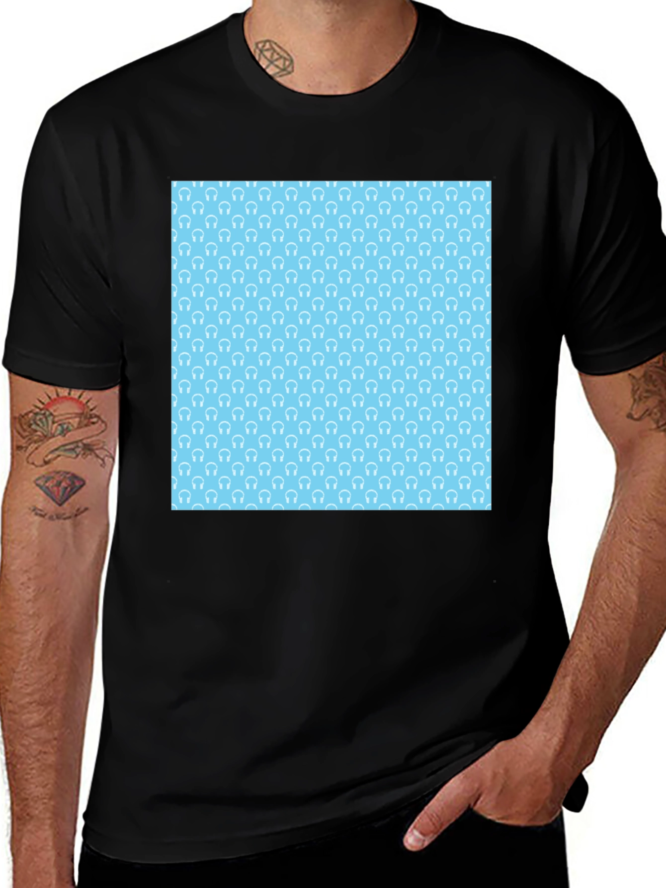 Modern Black Tee with Light Blue Headphone Pattern