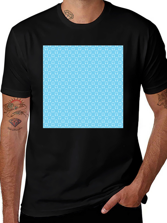 Modern Black Tee with Light Blue Headphone Pattern