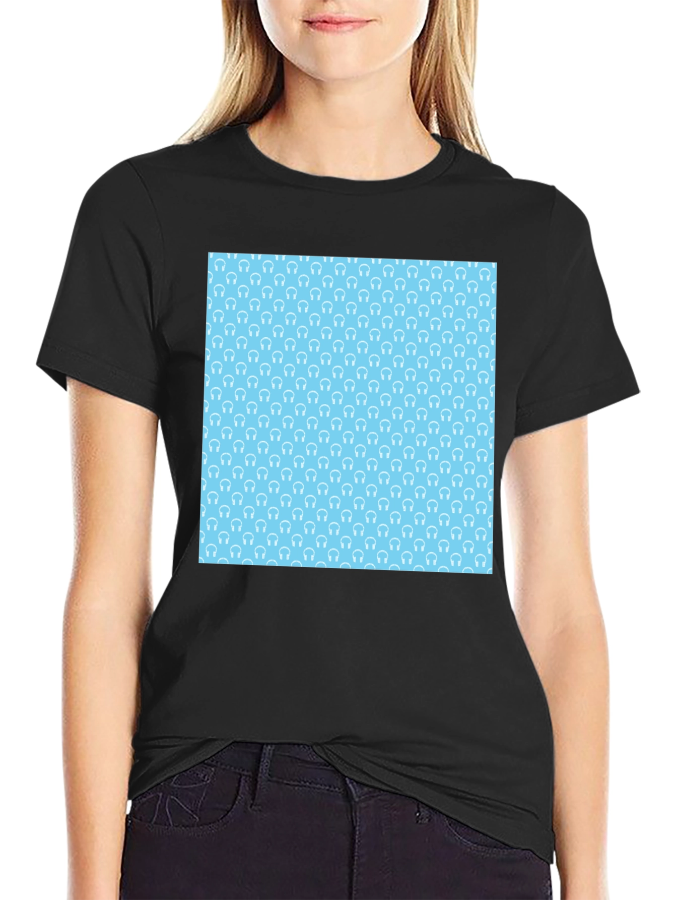 Modern Black Tee with Light Blue Headphone Pattern