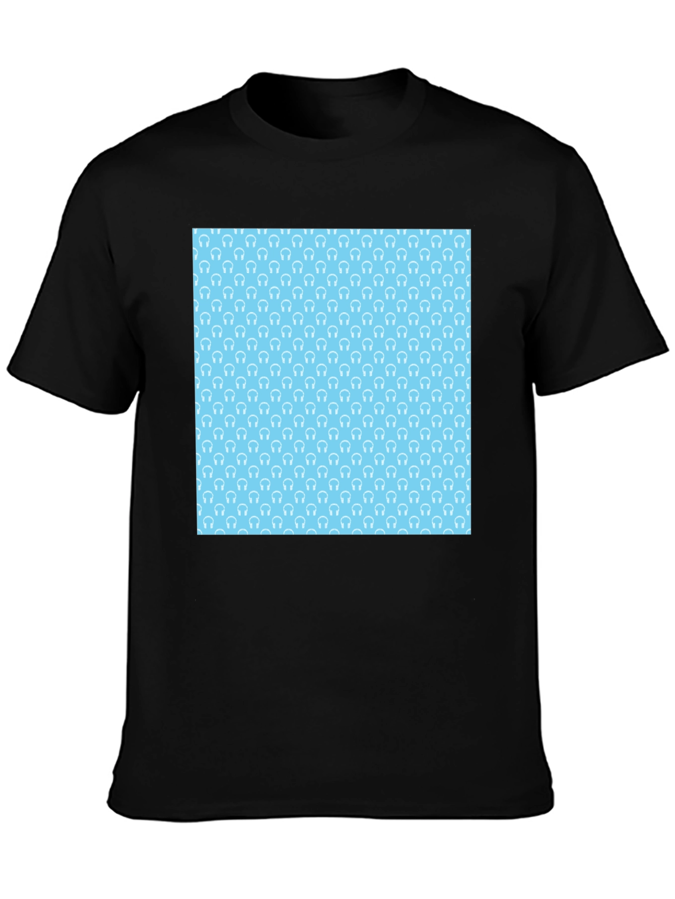 Modern Black Tee with Light Blue Headphone Pattern