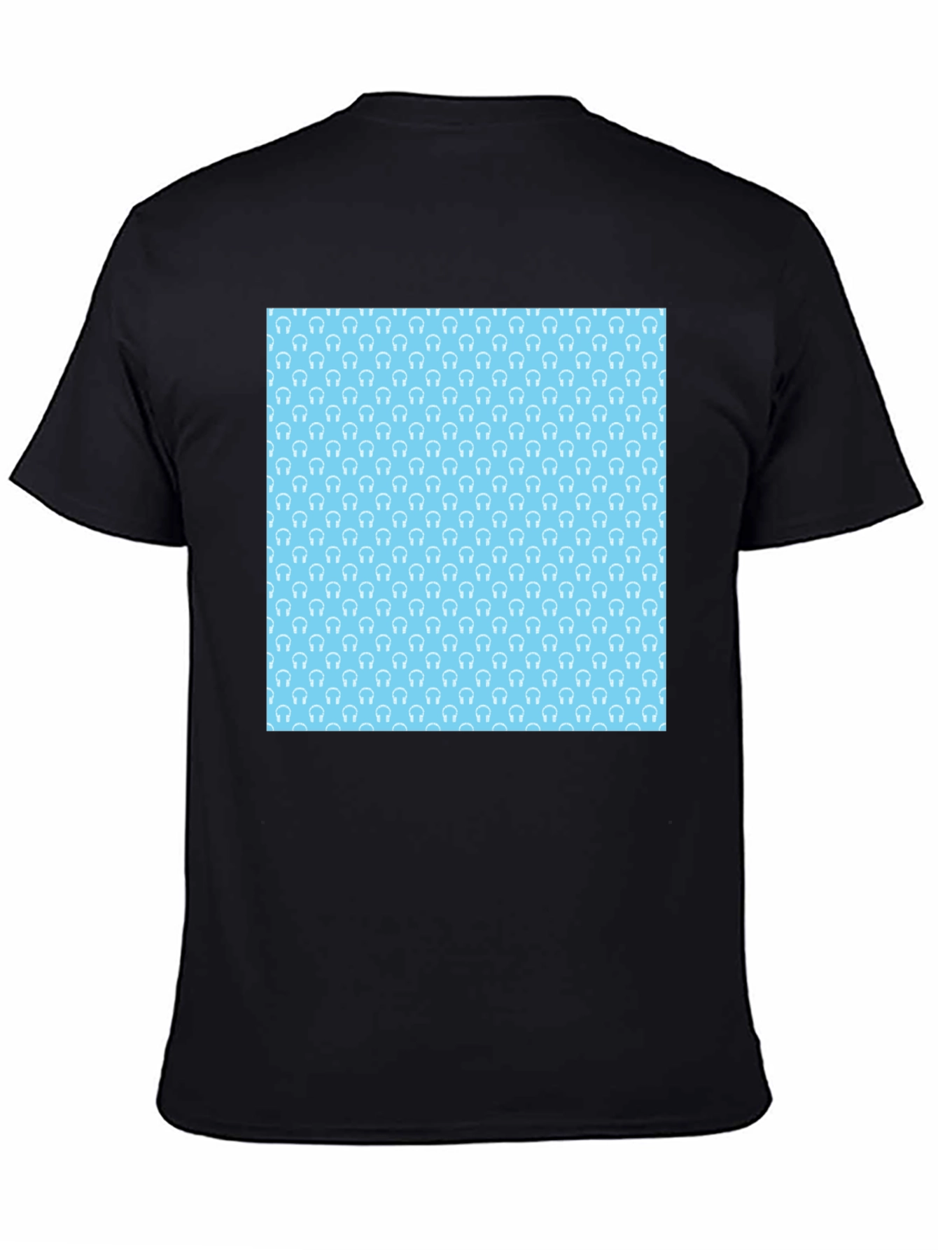 Modern Black Tee with Light Blue Headphone Pattern