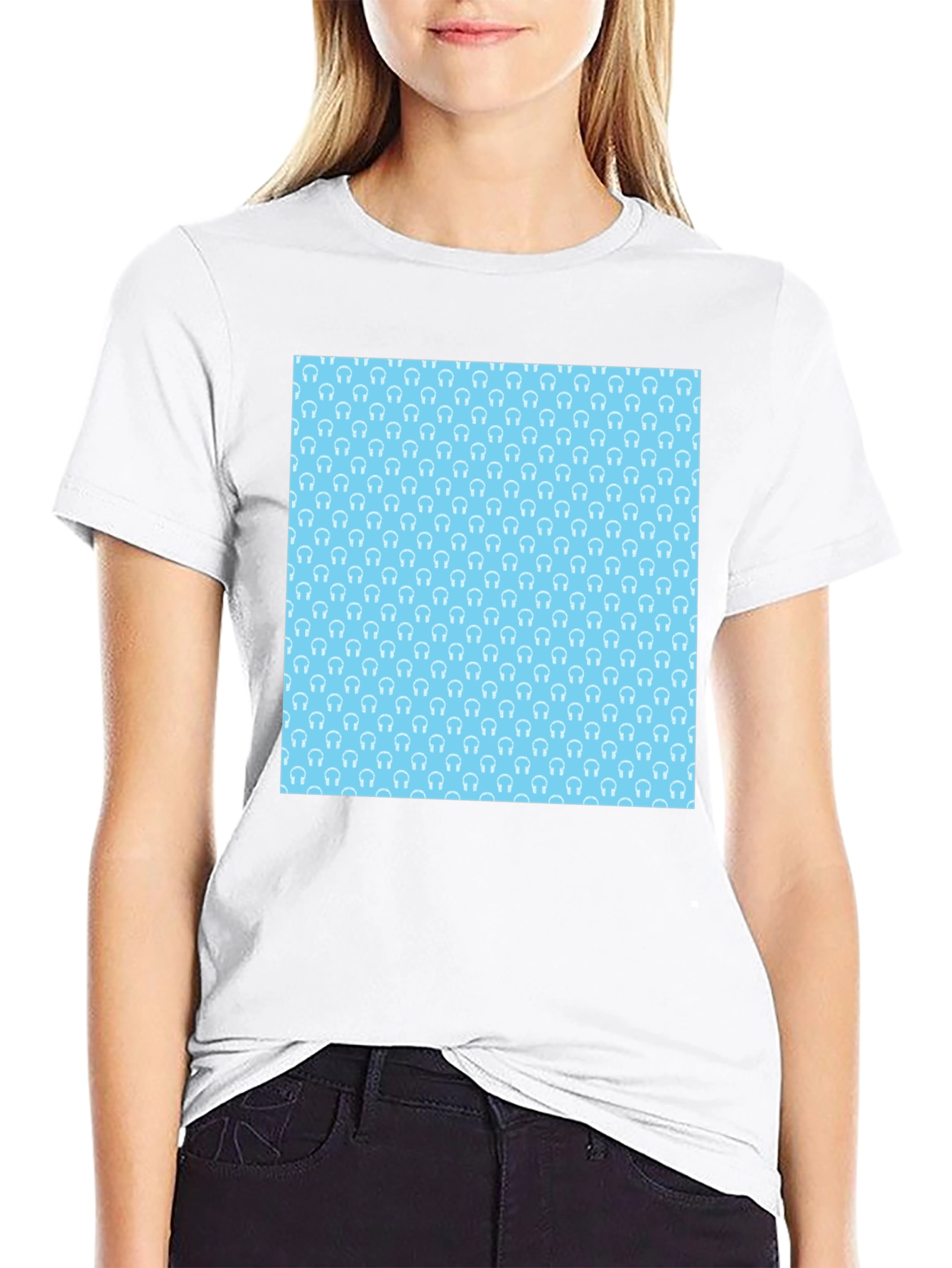 Modern Black Tee with Light Blue Headphone Pattern