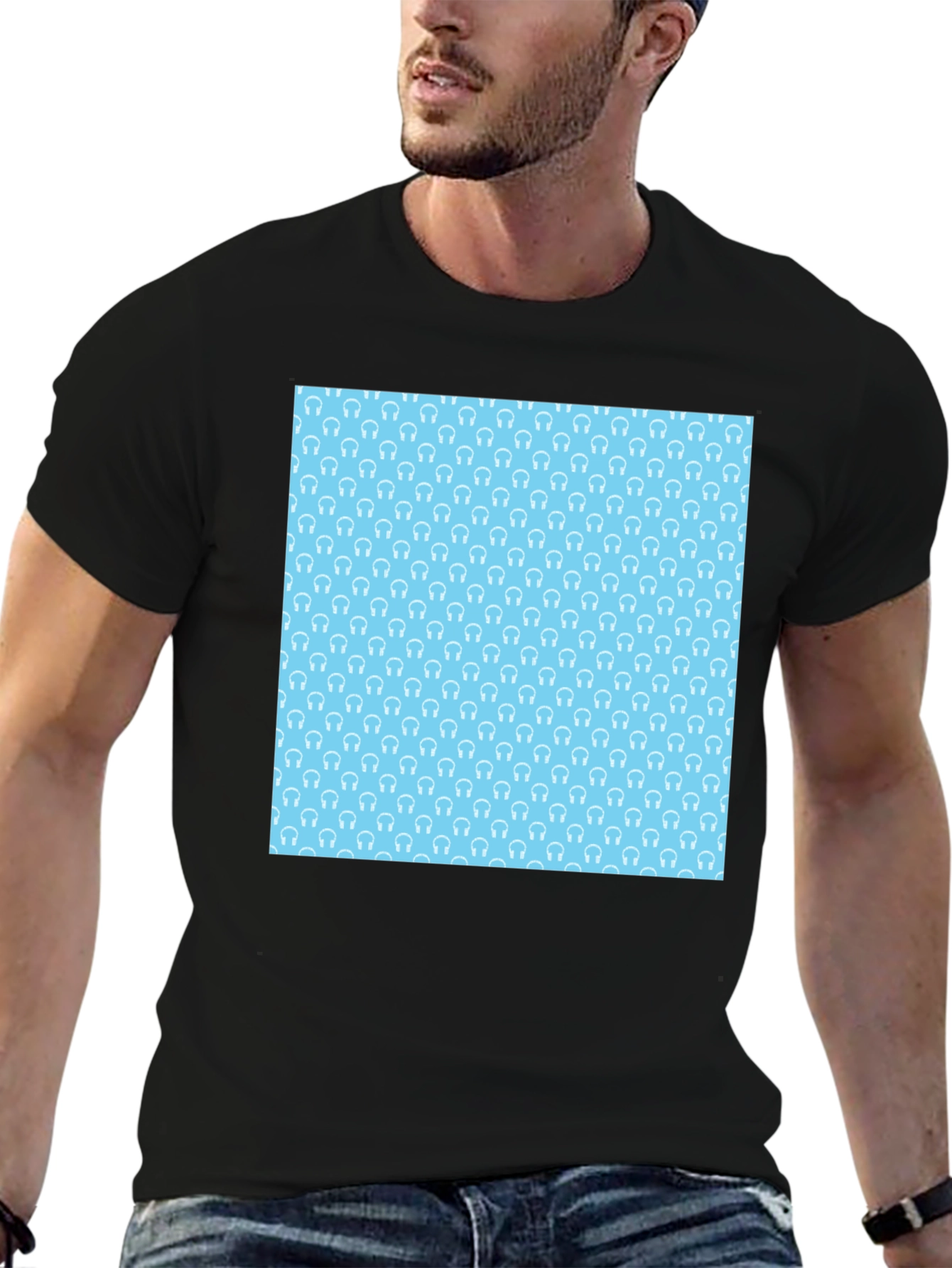 Modern Black Tee with Light Blue Headphone Pattern