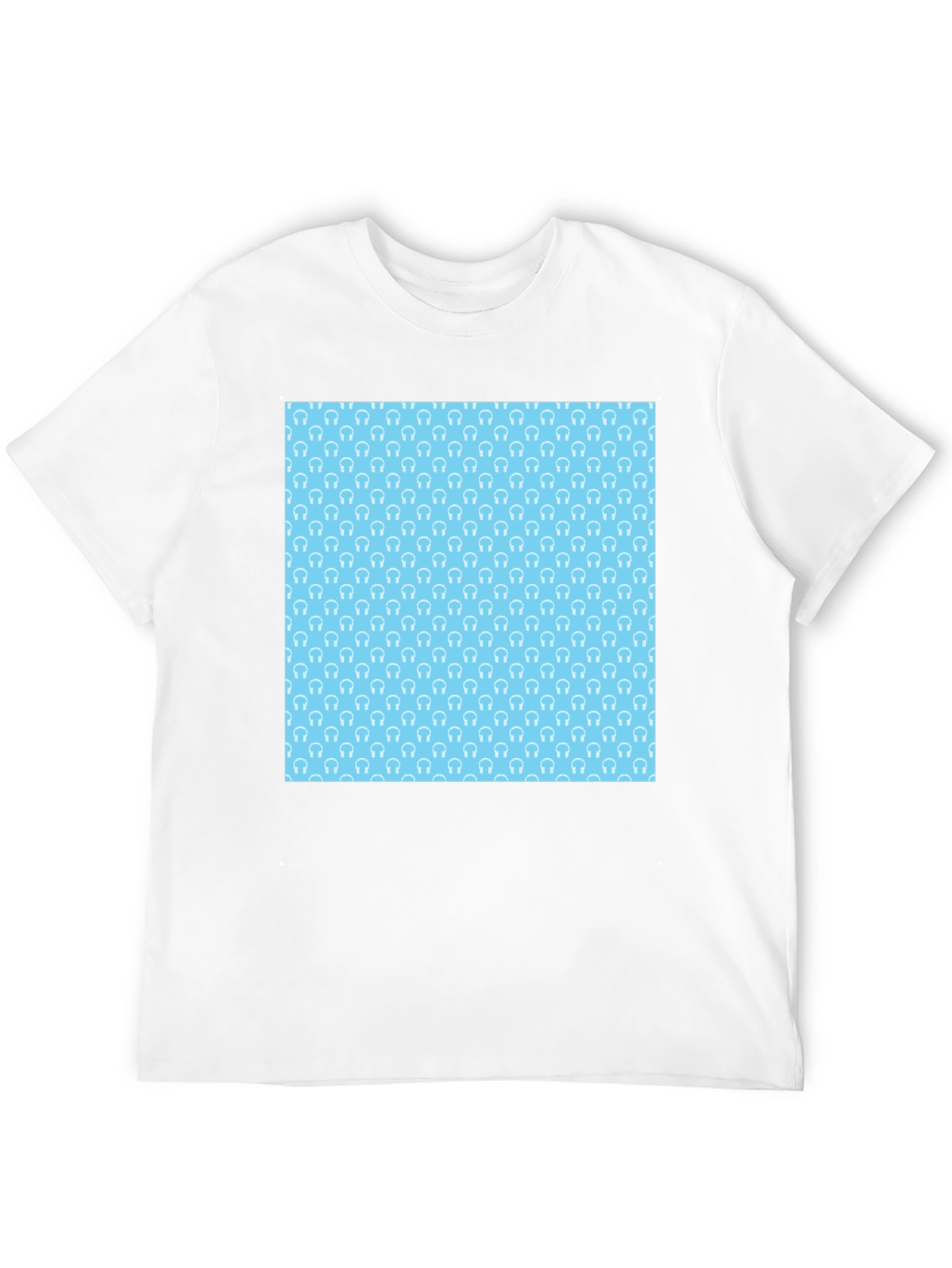Modern Black Tee with Light Blue Headphone Pattern