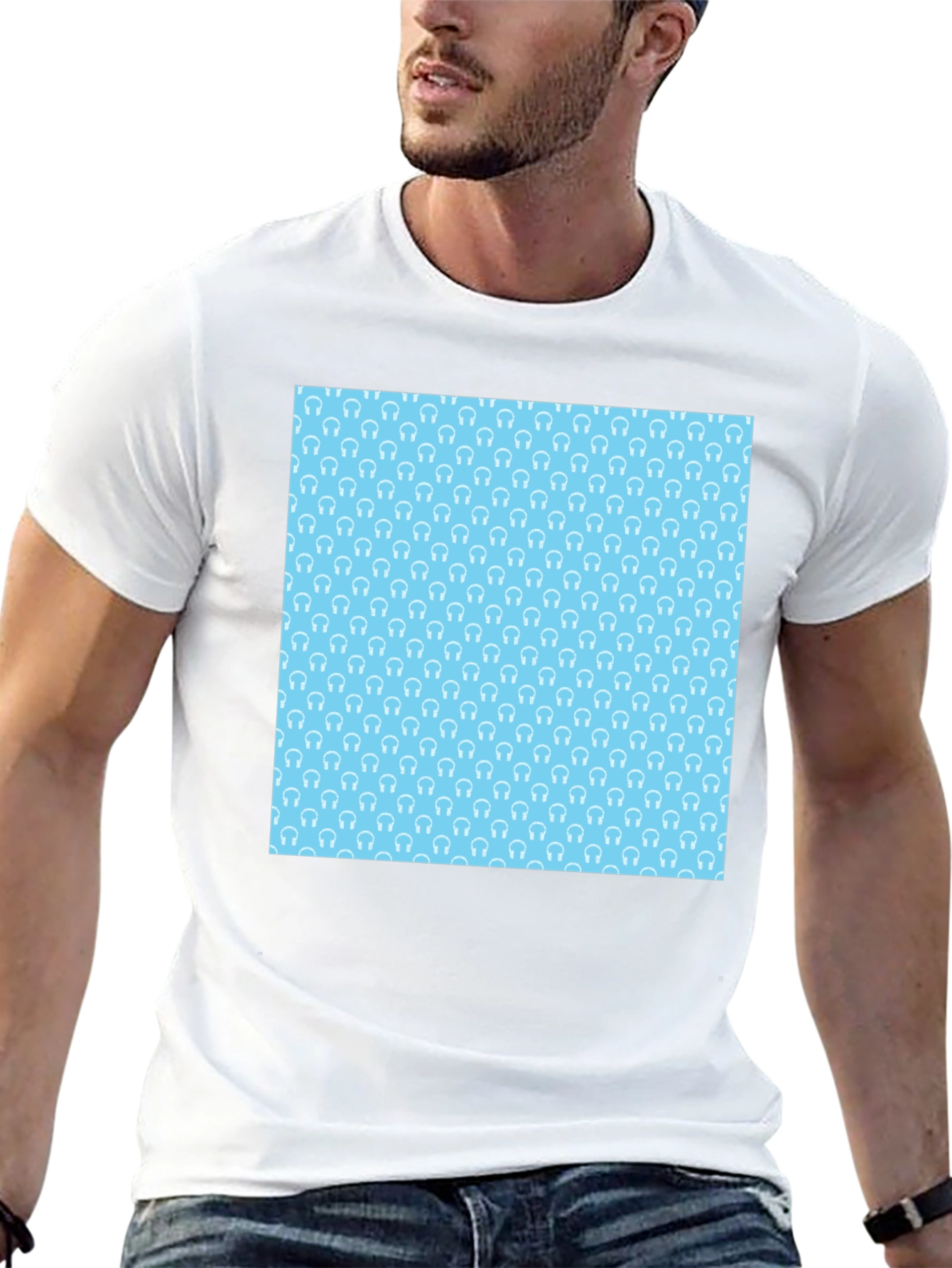Modern Black Tee with Light Blue Headphone Pattern