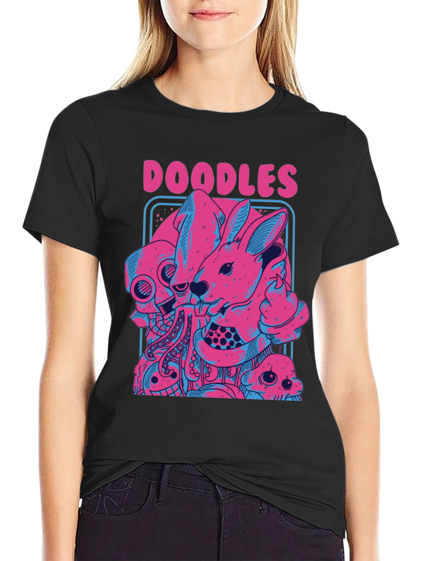 Doodles Graphic Print Black T-Shirt