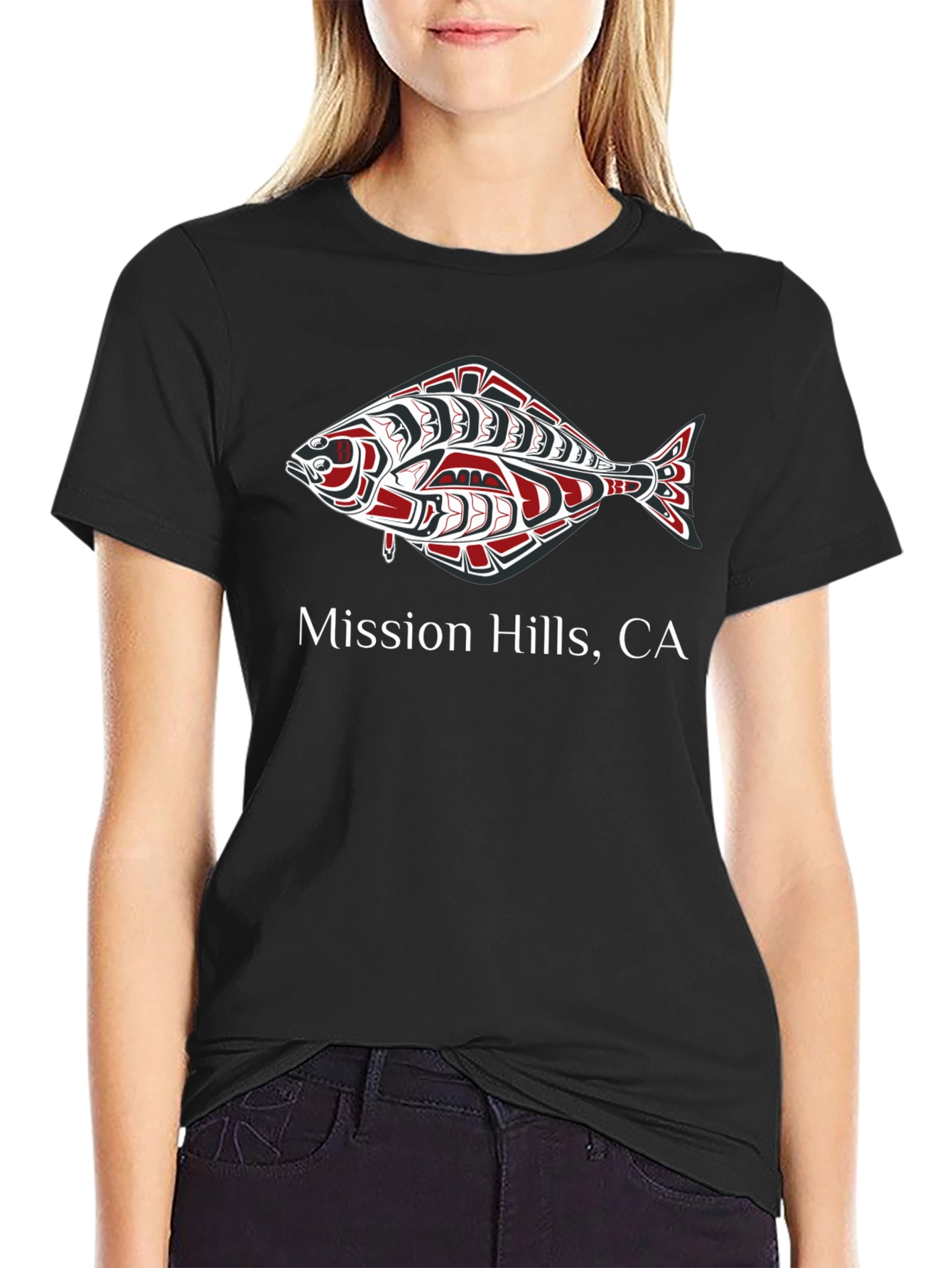 Mission Hills CA Fish Graphic Black T-Shirt