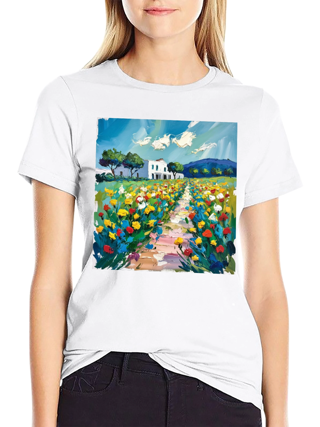 Floral Landscape Art Black T-Shirt