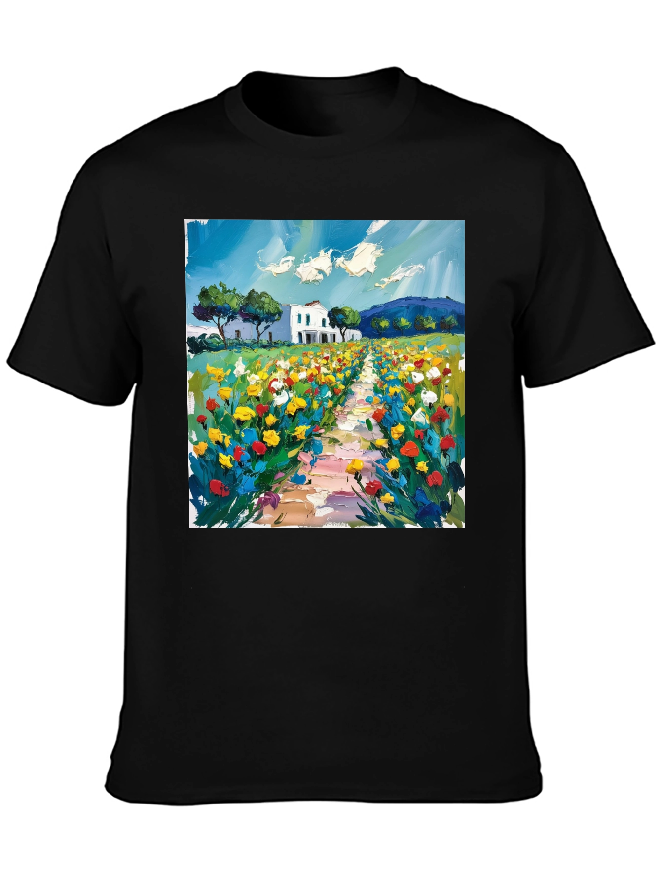 Floral Landscape Art Black T-Shirt