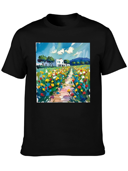 Floral Landscape Art Black T-Shirt
