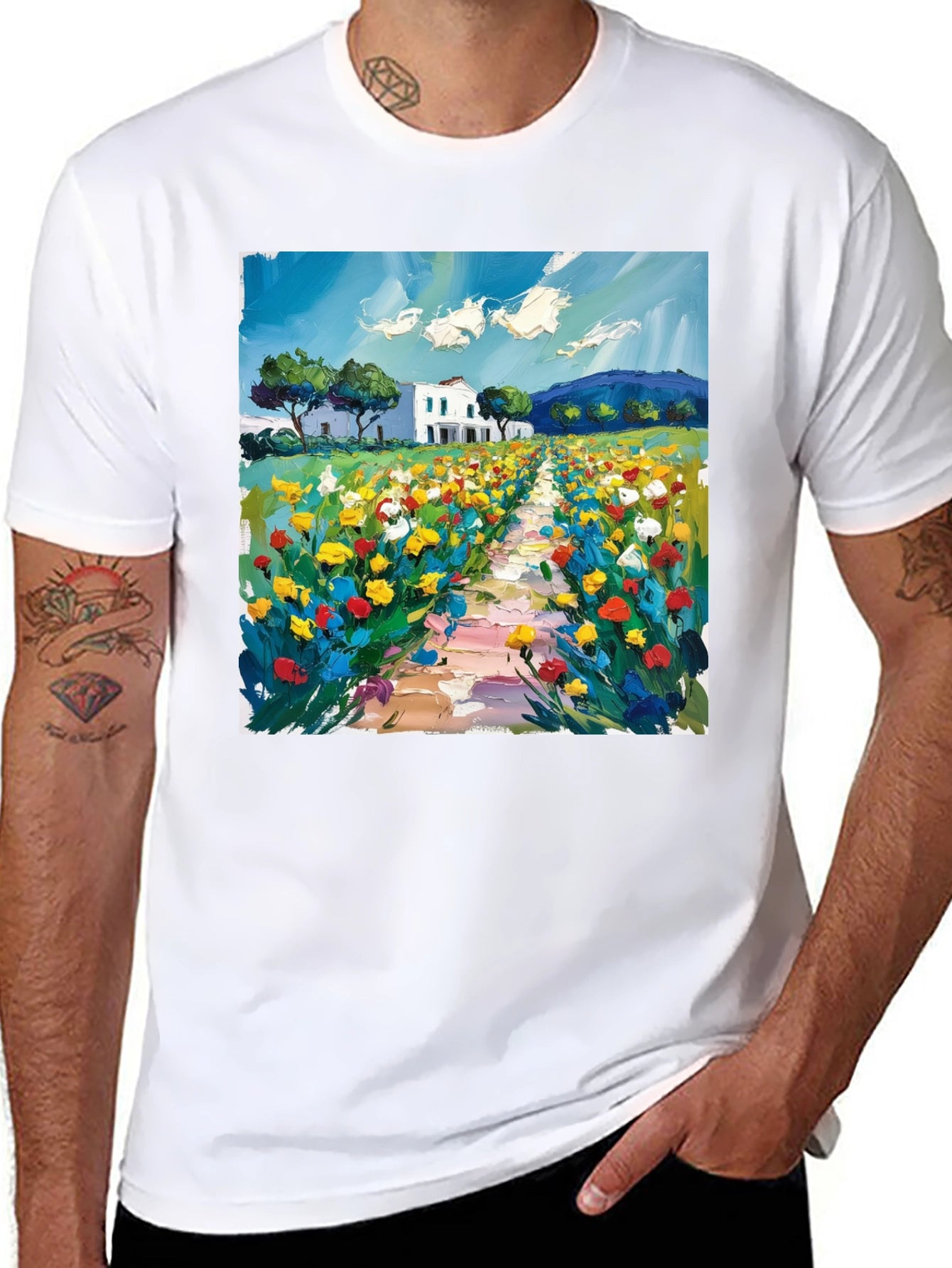 Floral Landscape Art Black T-Shirt