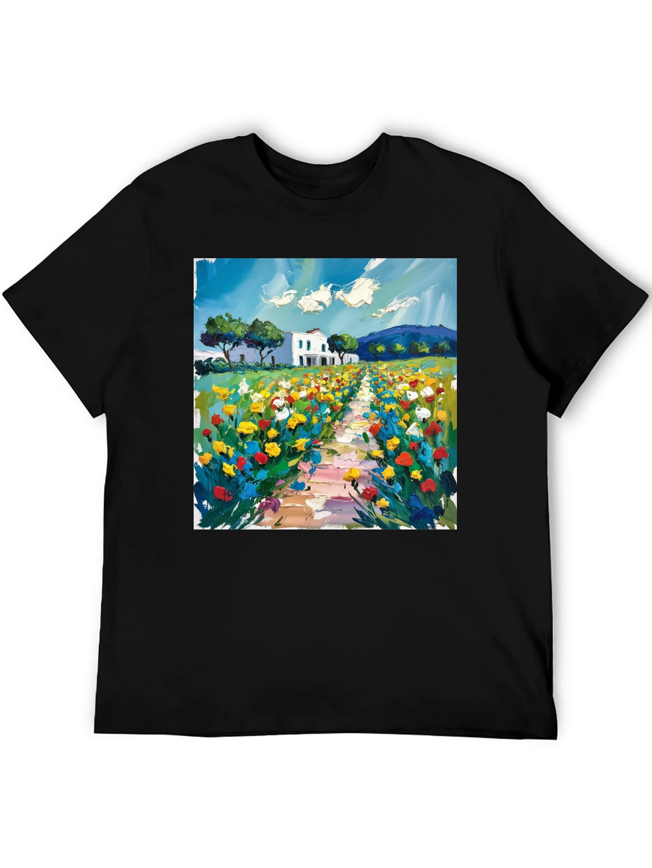 Floral Landscape Art Black T-Shirt