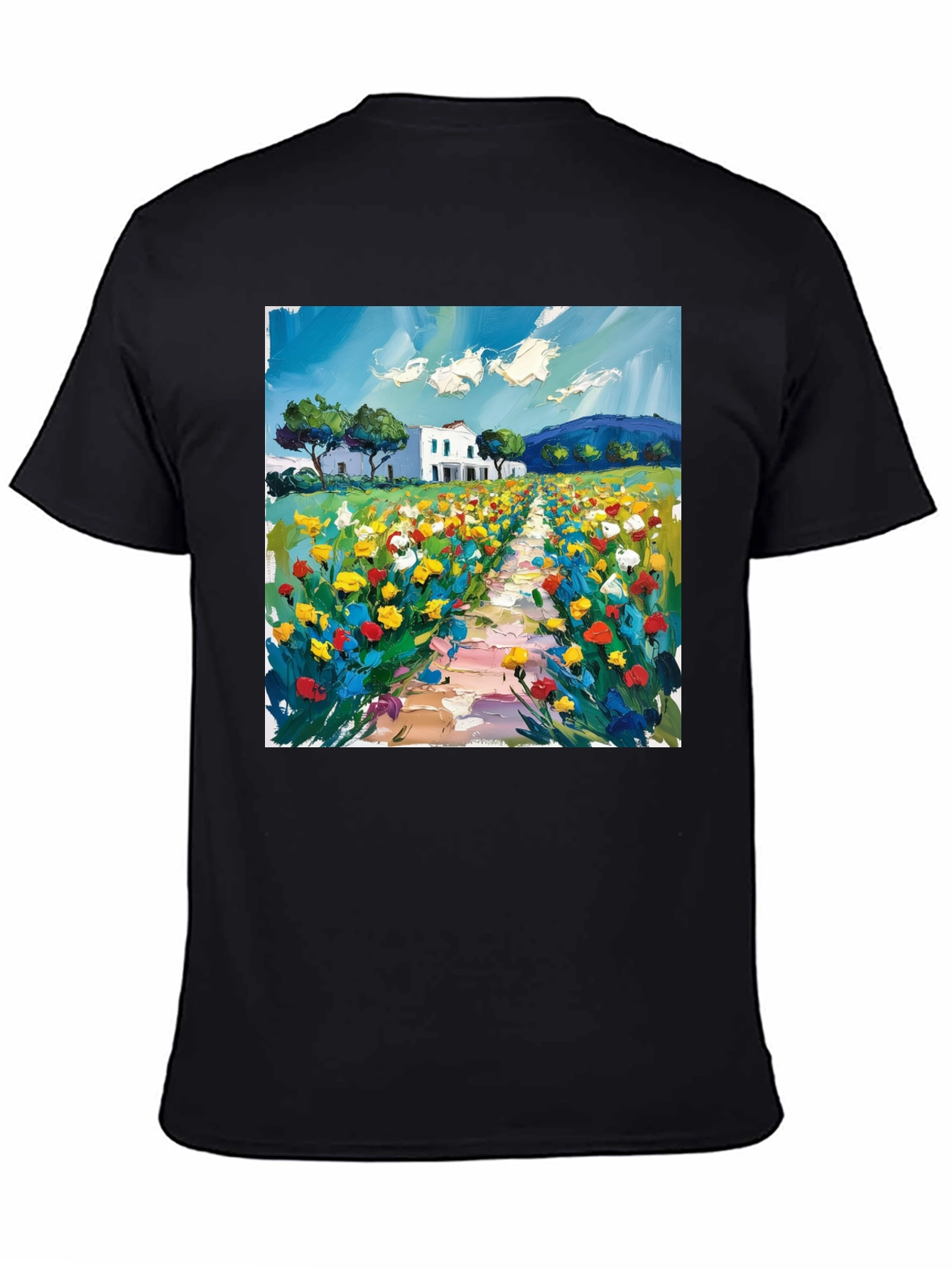 Floral Landscape Art Black T-Shirt