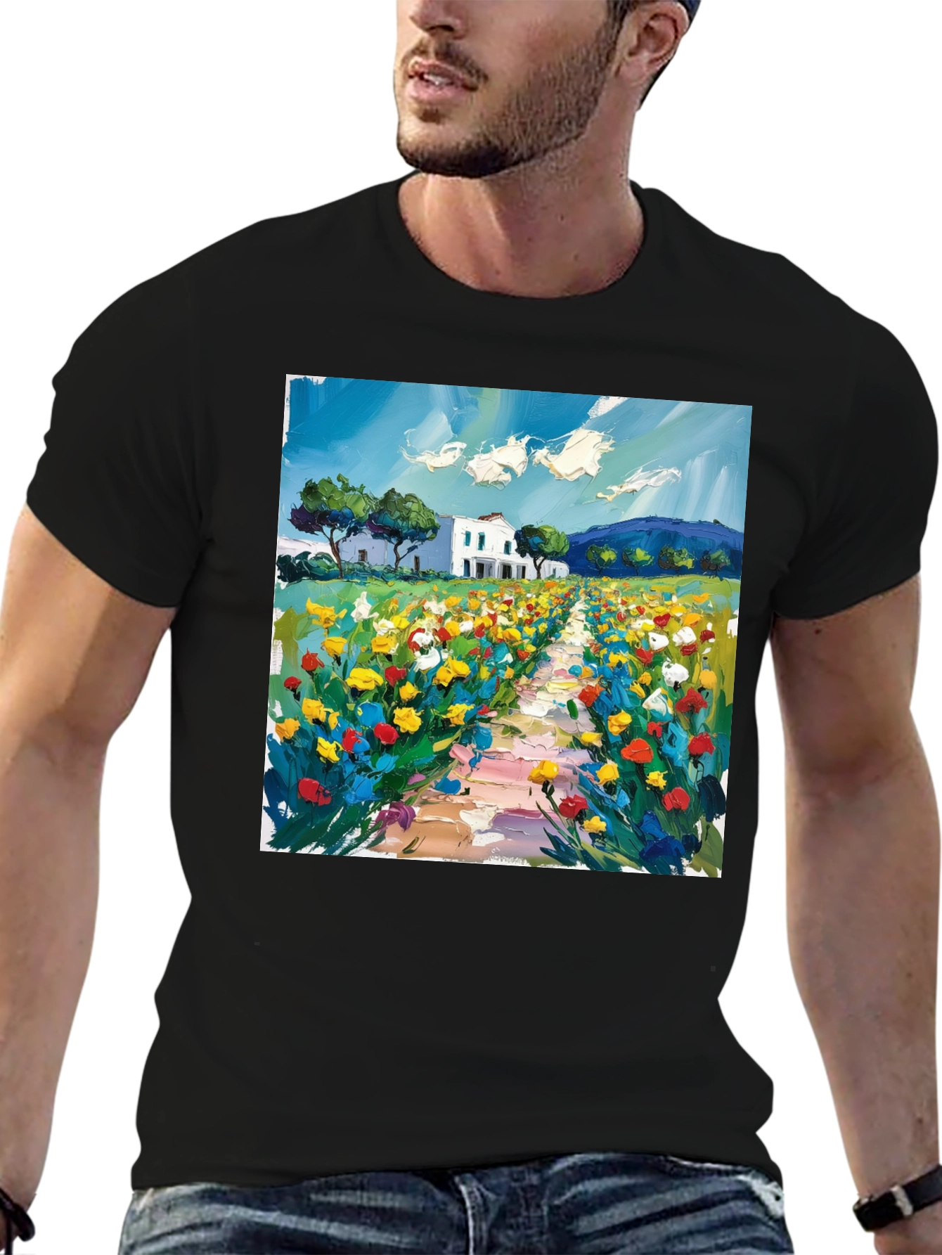 Floral Landscape Art Black T-Shirt