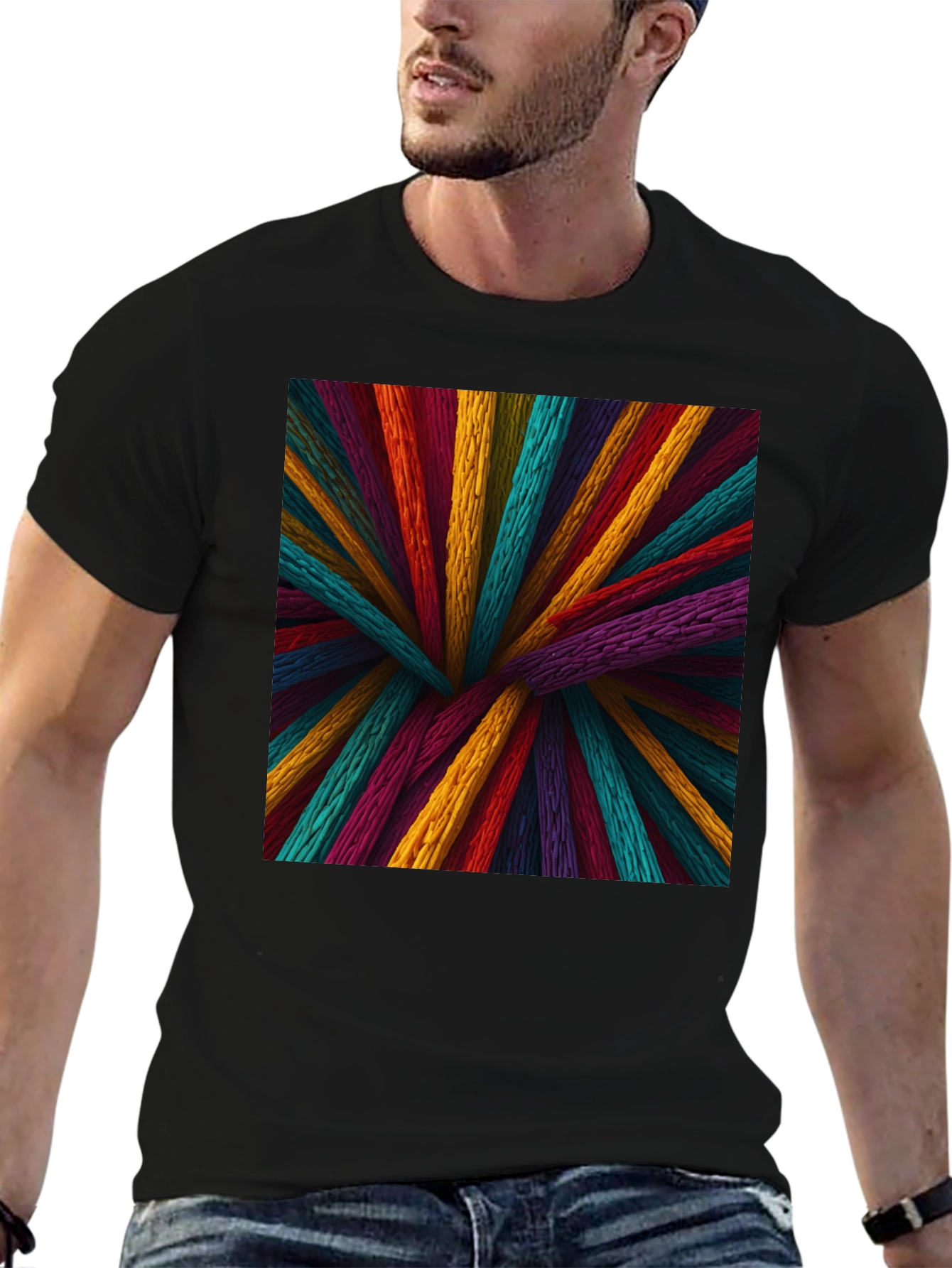 Vibrant Wooden Sticks Graphic Print Black T-Shirt