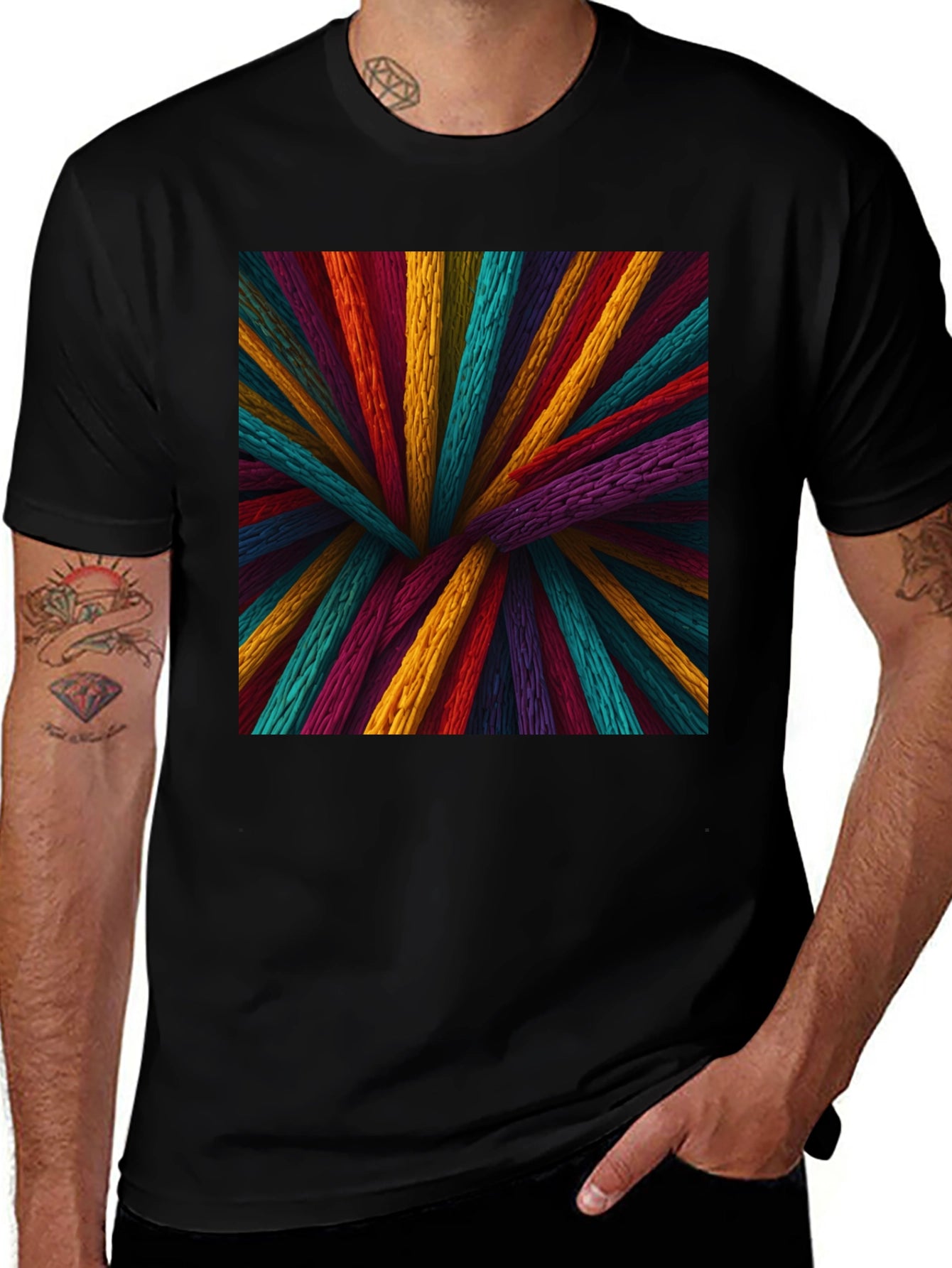 Vibrant Wooden Sticks Graphic Print Black T-Shirt