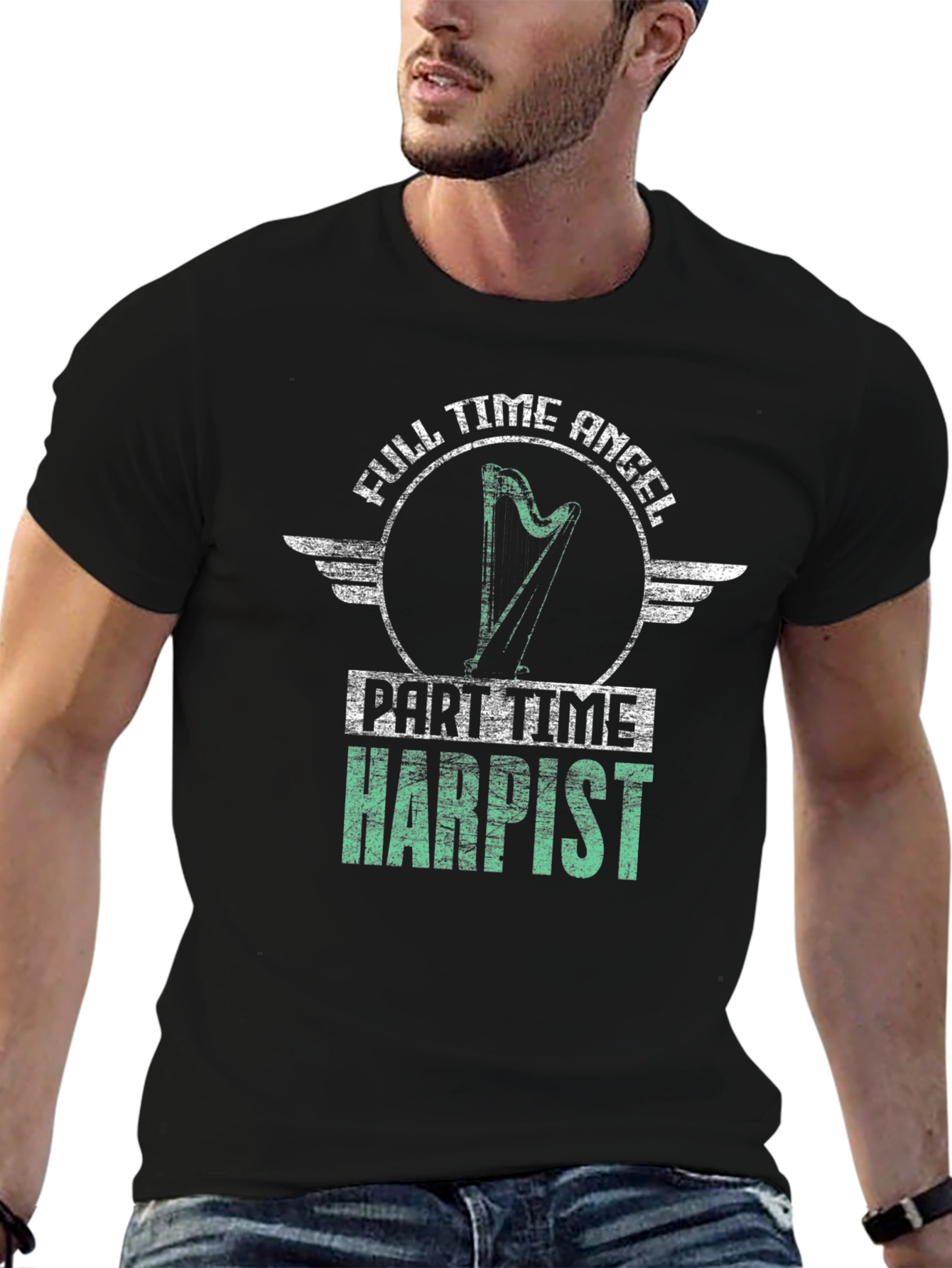 Full Time Angel Part Time Harpist Black T-Shirt
