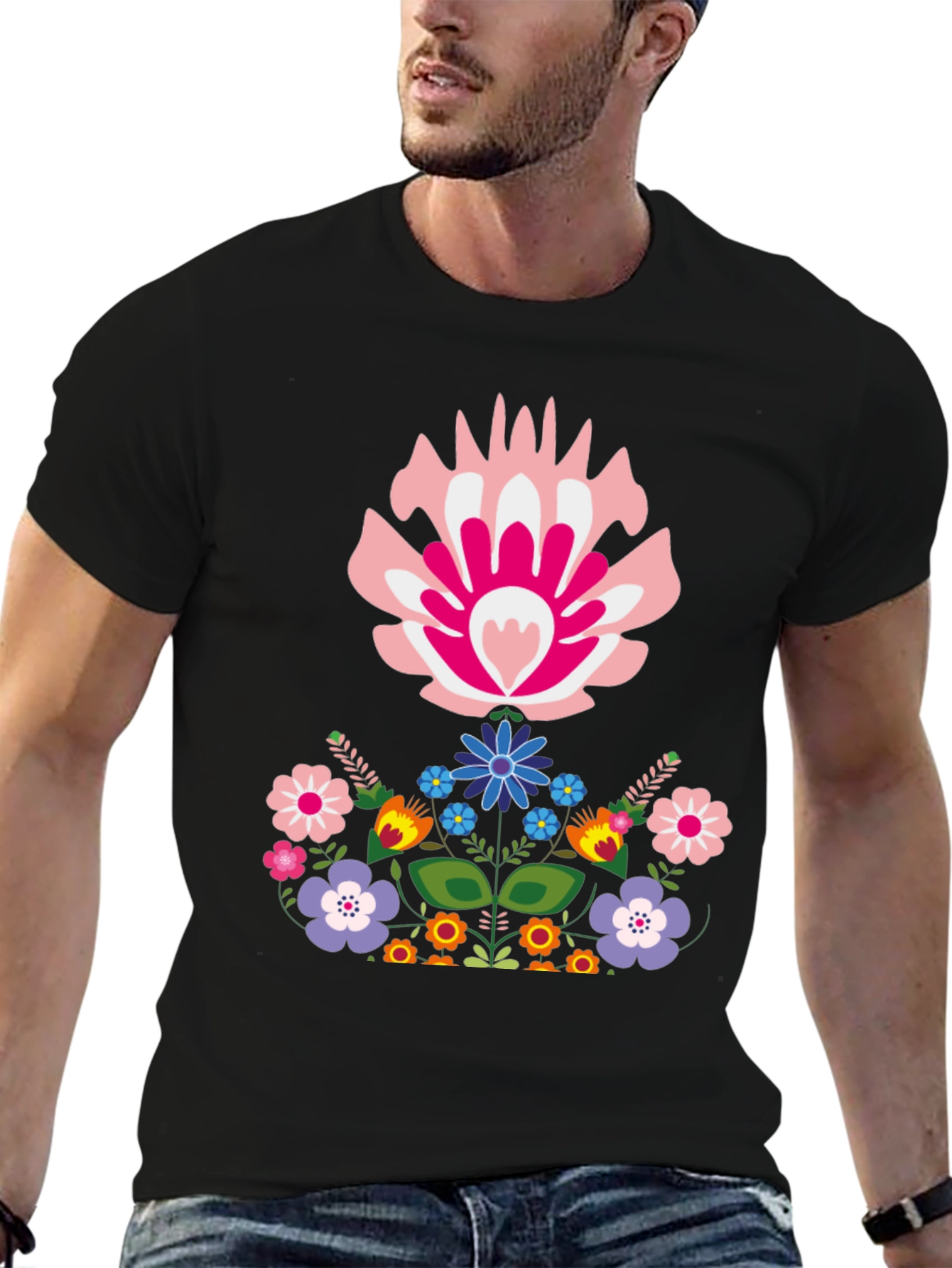 Floral Folk Art Graphic Tee - Black