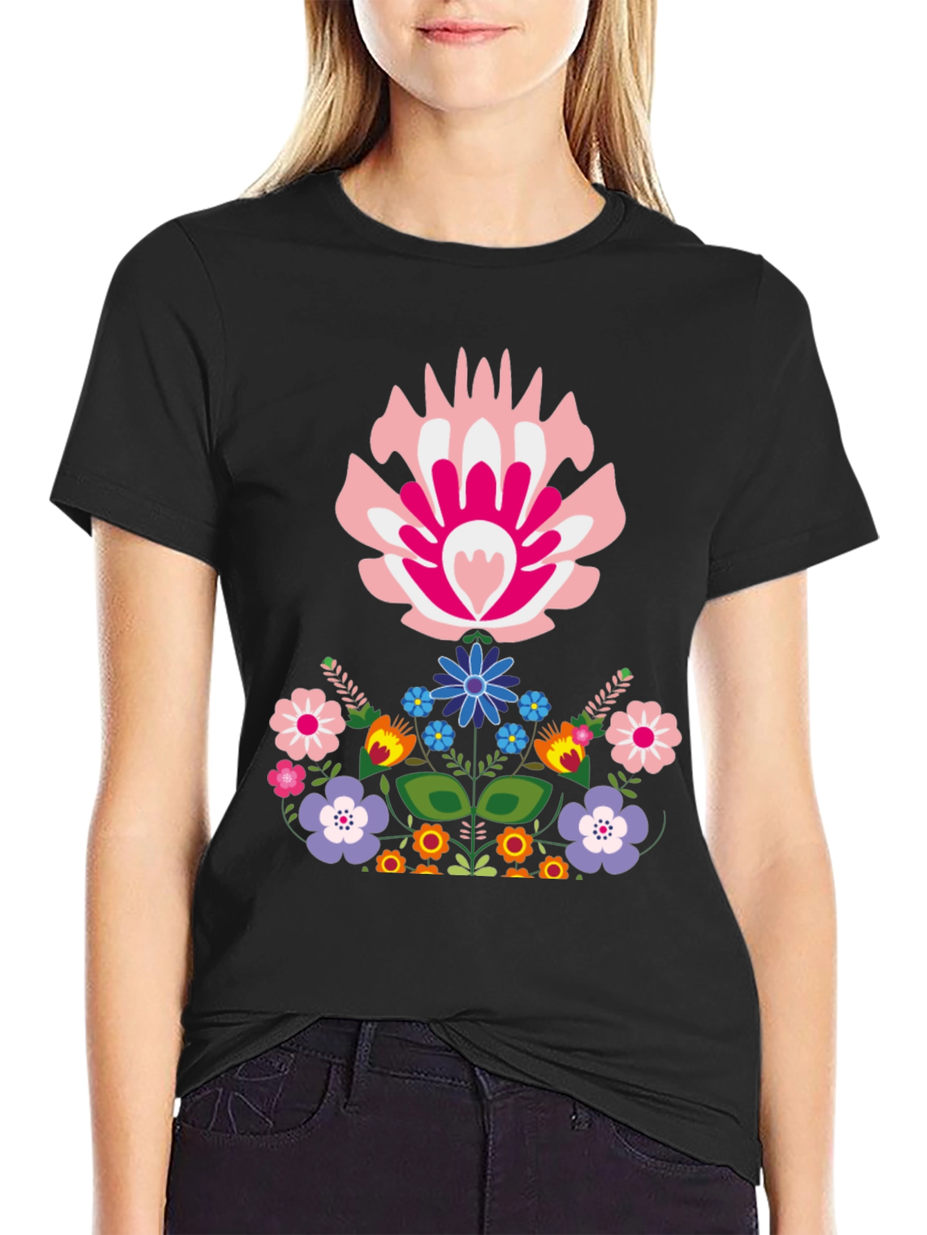 Floral Folk Art Graphic Tee - Black